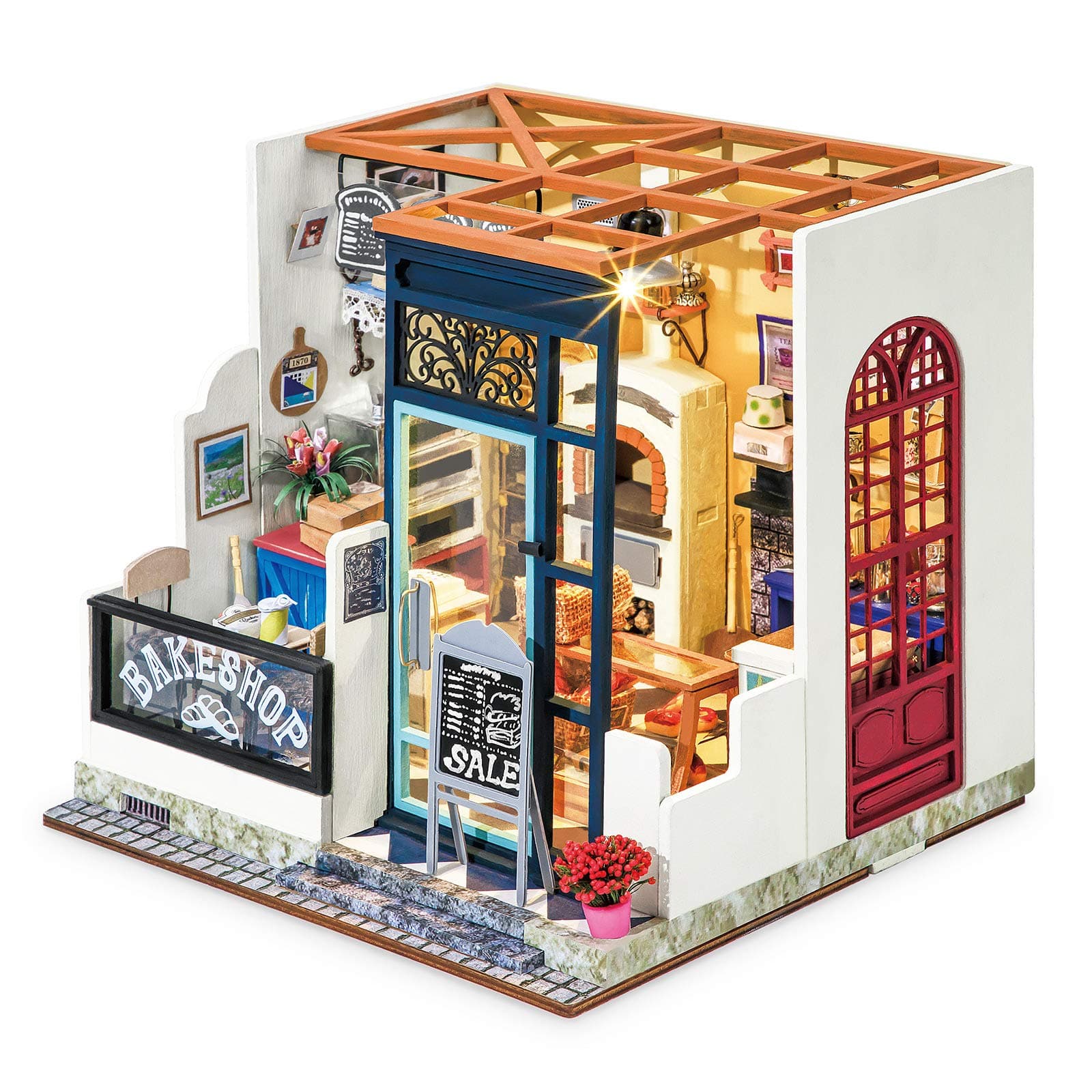 Rolife DIY Wooden Dollhouse Kit with Miniature Furniture,Model Building Kits with Accessories and LED, for Kids(Nancy's Bake Shop)