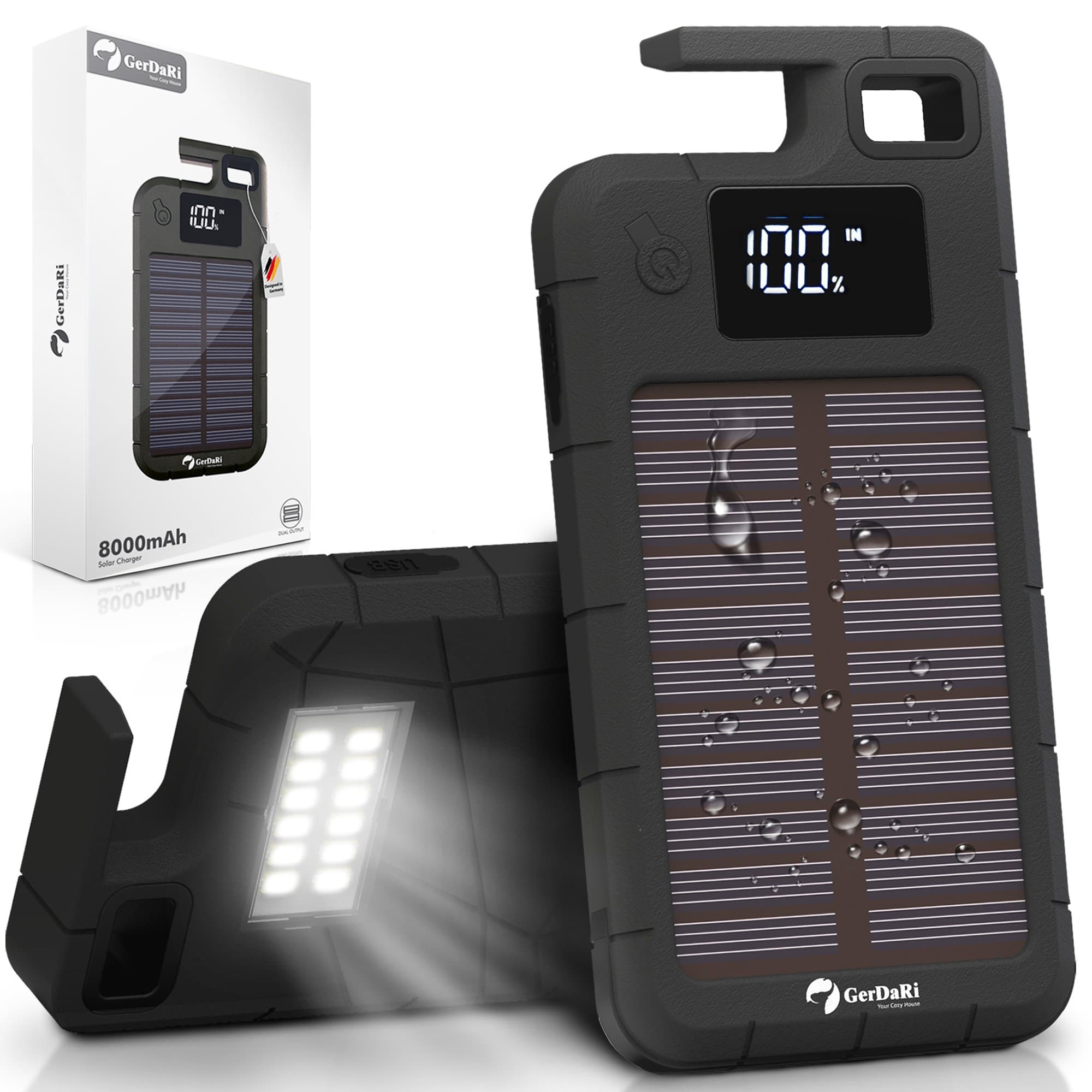 Solar Charger - Best Solar Power Bank with Real 8000mAh - Solar Phone Charger - Outdoor Solar Charger - LED Display - 2 USB Ports - 12 Flashlight - Solar Battery Pack Charges in ANY Weather - Black