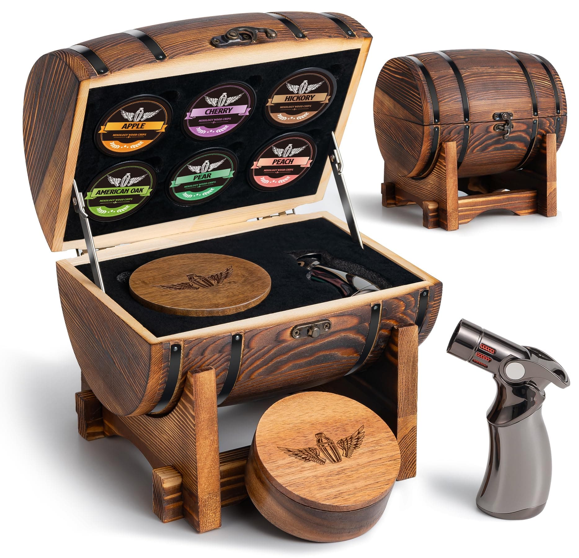 Whiskey Smoker Kit with Wooden Barrel (Patent Pending) – Cocktail Smoker with Torch & 6 Premium Wood Chips for Old Fashioned & Whiskey – Perfect Home Bar Gift for Men, Dad, Husband (No Butane)
