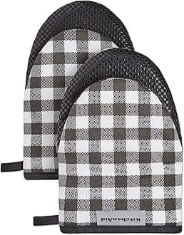 KITCHENAID Gingham Mini Oven Mitt 2-Pack Set, Matte Black, 5.5"x8"