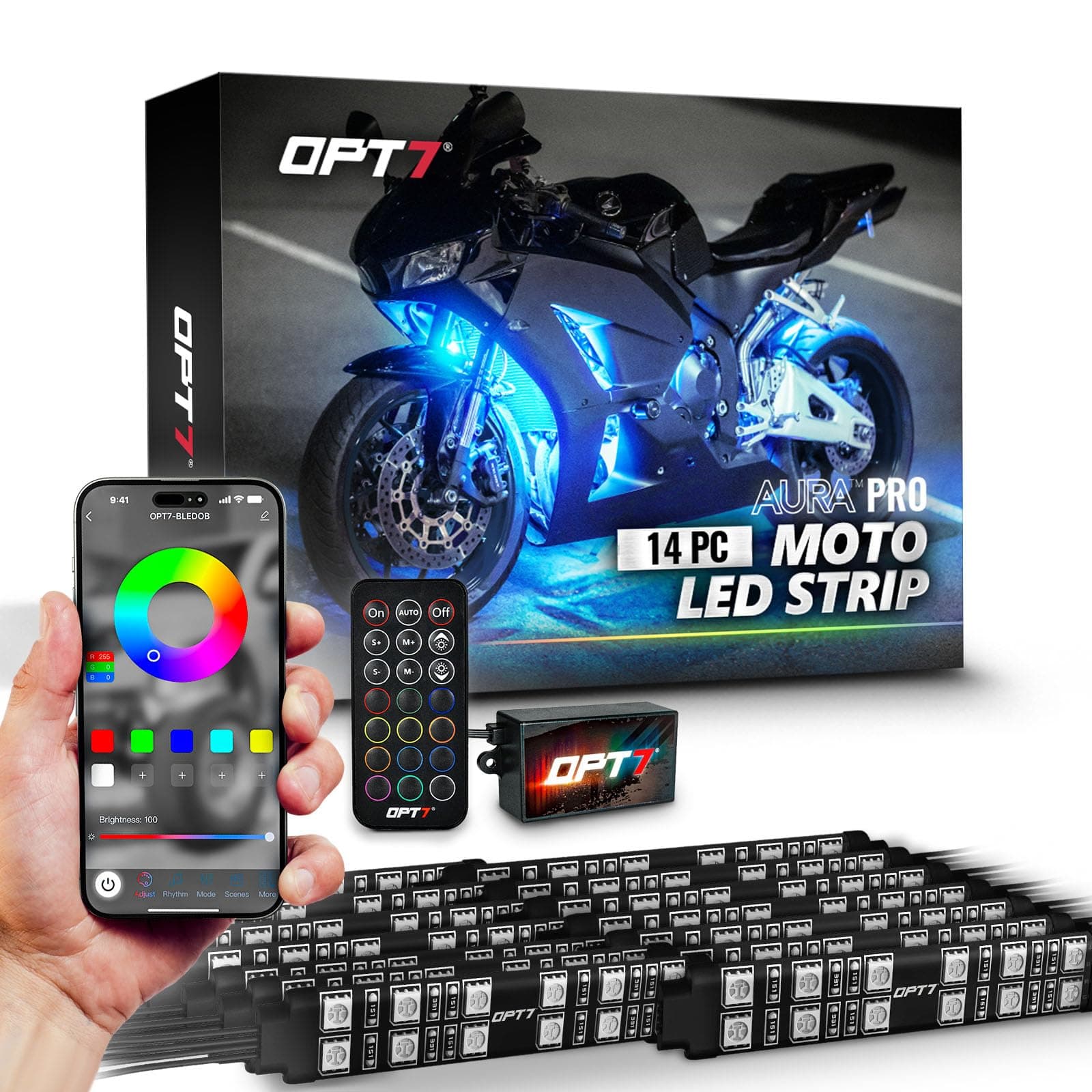 OPT7 Aura Pro 14pcs Motorcycle Double LED Strip Lights with App & Remote Control, RGB Multicolor & Music Sync Neon Accent Bike Underglow Lighting Kit, 12V Switch for Harley Honda Yamaha Kawasaki