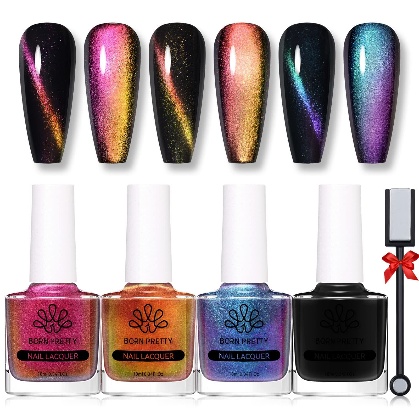 BORN PRETTY Cat Magnetic Nail Polish Set 3D Cat Chameleon Polish 3 Colors With Black Polish Magnet Stick 6ml 4 Bottles