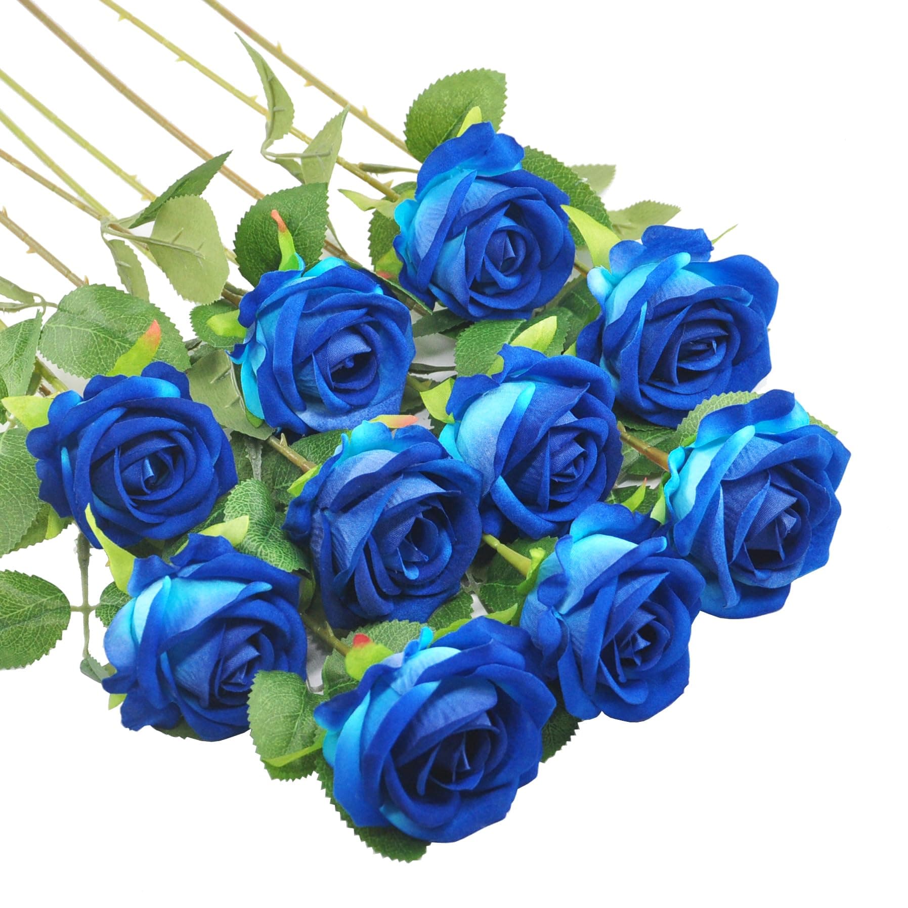 Fake Roses Artificial Flowers with Long Stem for Decoration Bouquet Wedding Floral Arrangement 10pcs Well Pack (Blue)