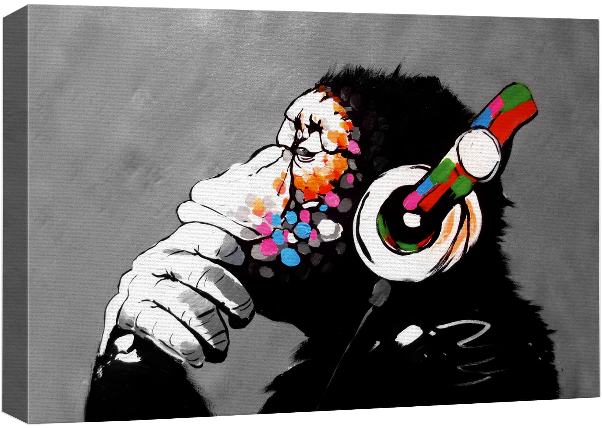 SIGNWIN Framed Canvas Wall Art Banksy Thinking Monkey with Headphones Graffiti & Street Art Famous People Pop Art Modern Urban Multicolor for Living Room, Bedroom, Office - 24x36 inches