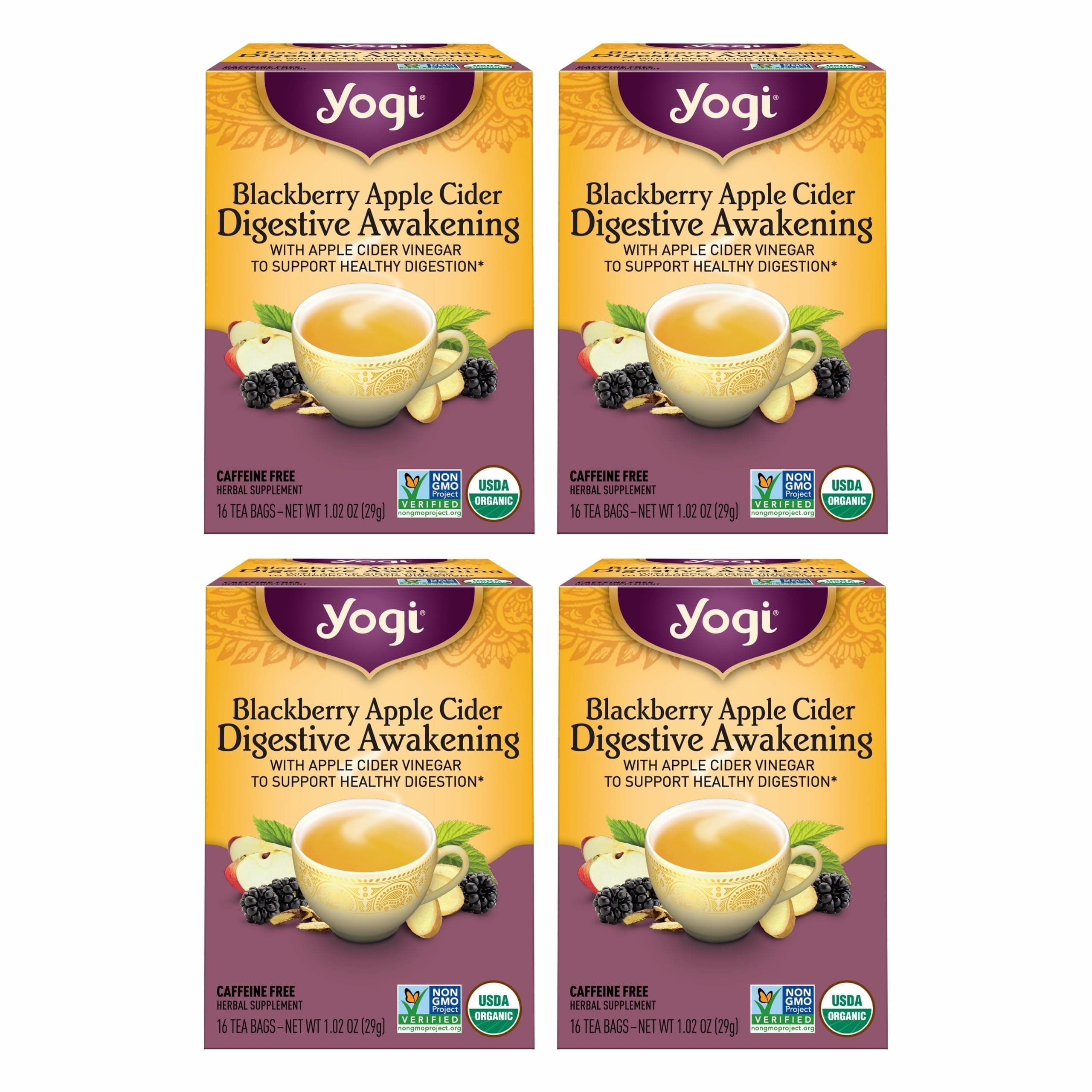 Tea Blackberry Apple Cider Digestive Awakening Tea - 16 Tea Bags per Pack (4 Packs) - Organic Tea to Support Digestive Health - Includes Ginger Root, Licorice Root & Raspberry Leaf