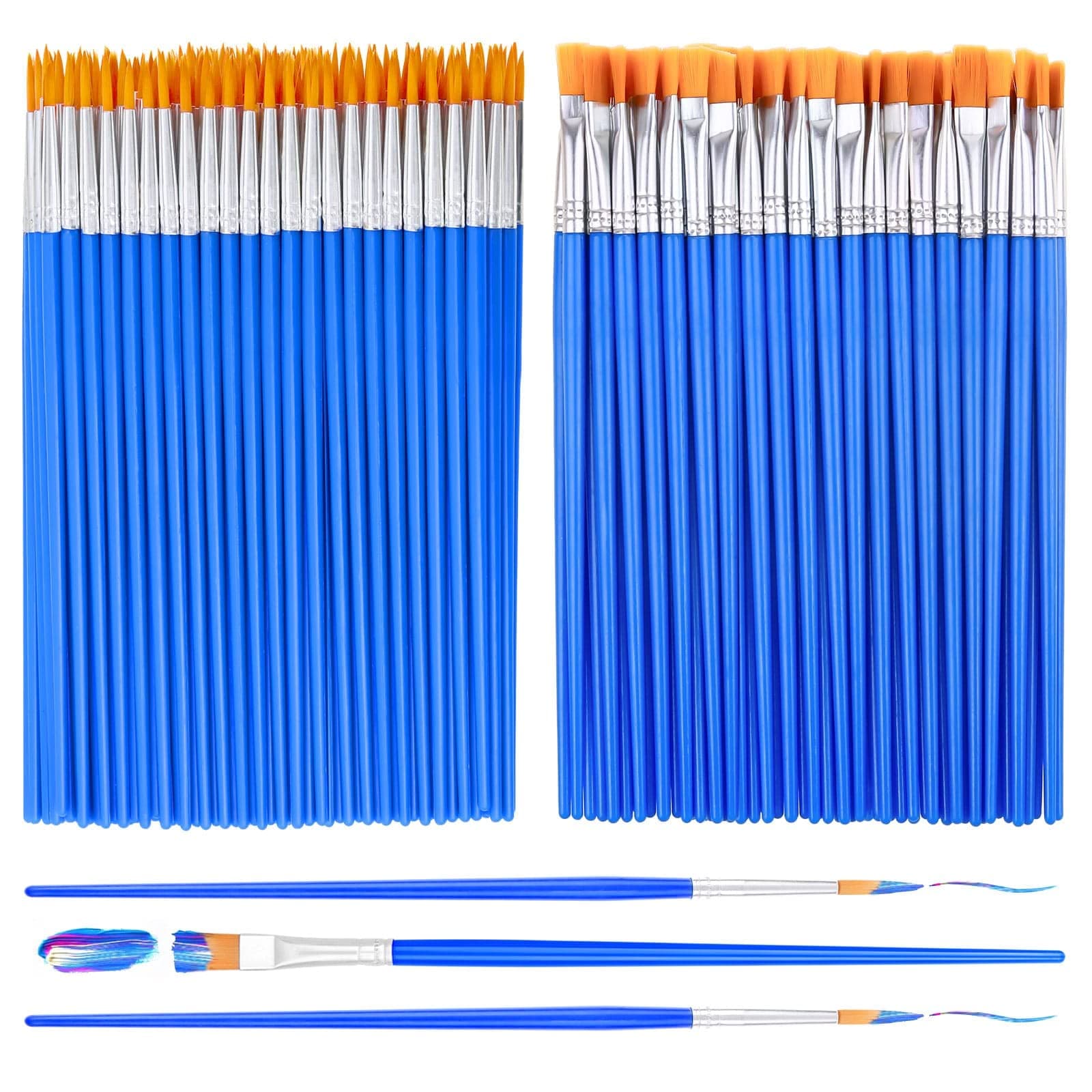 Anezus 100 Pcs Kids Acrylic Paint Brushes Set - Flat & Round Pointed Brushes for Craft, Watercolor, Canvas & Face Painting