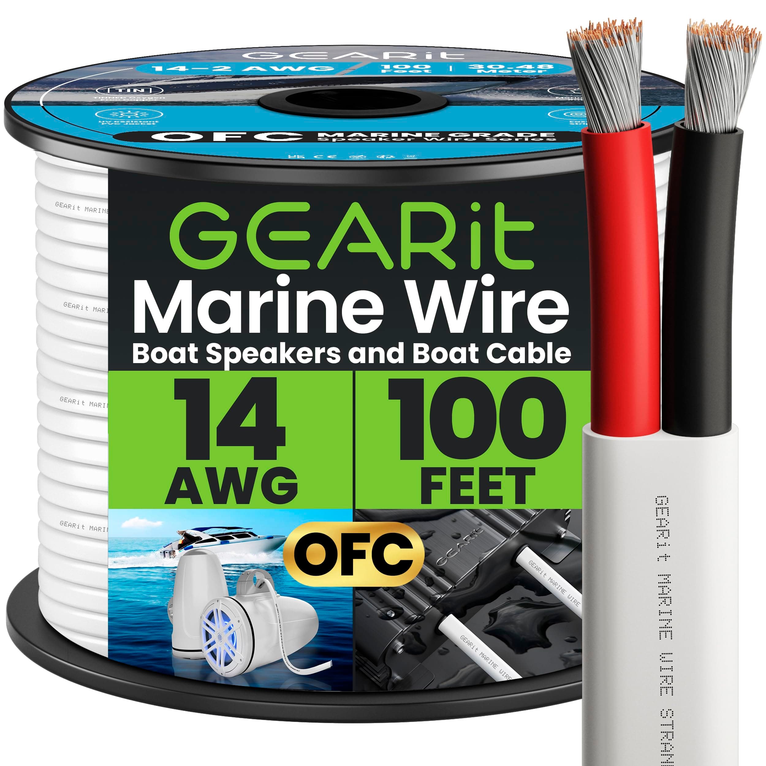 GEARit 14 Gauge Marine Wire, 14/2 AWG (100ft) Marine Grade Tinned Copper Oxygen Free, Duplex 2-Conductor Insulated Red & Black Electrical Cable for Boat, Automotive, RV, Camper, Trailer