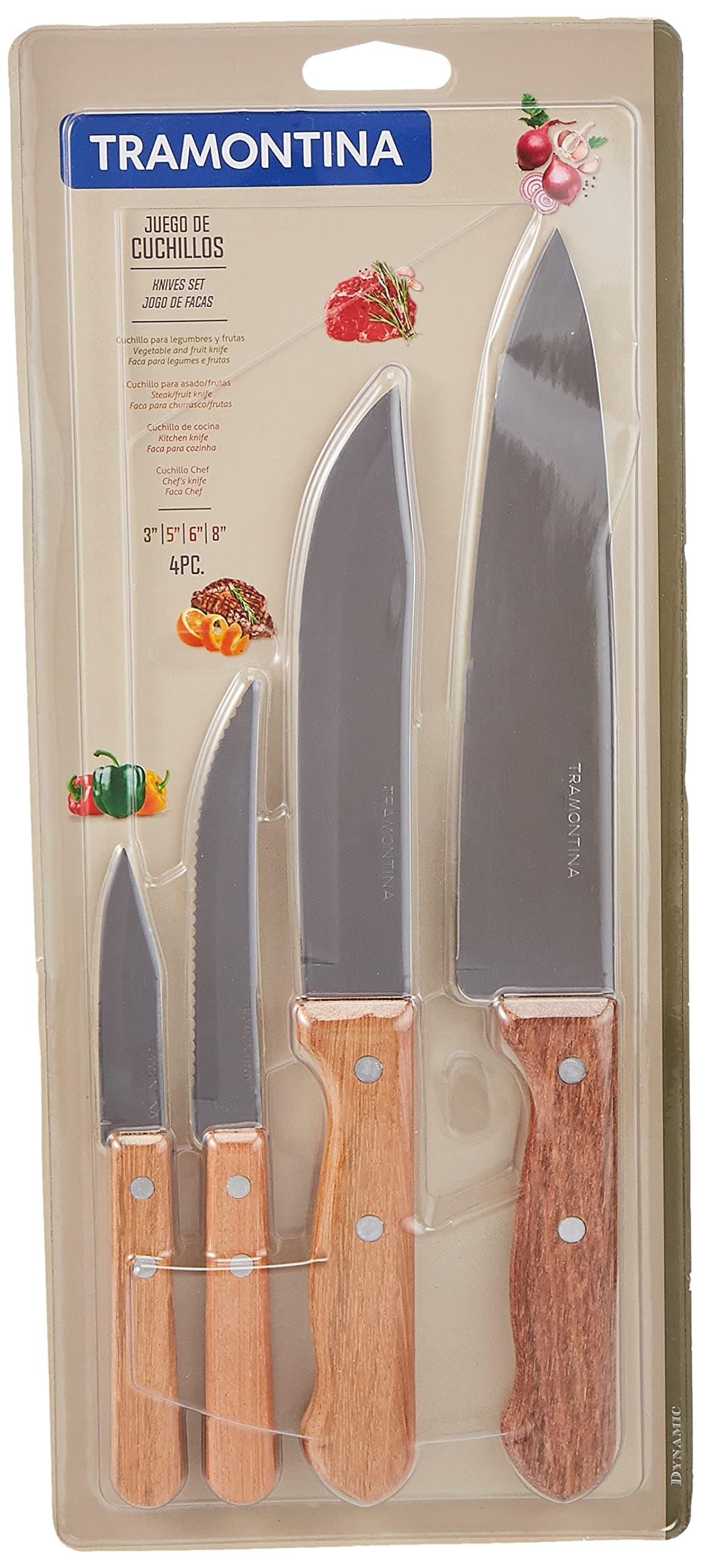 Tramontina Dynamic 4 Pieces Knife Set with Stainless Steel Blade and Natural Wood Handle