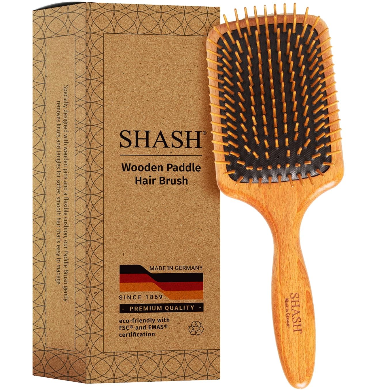 Since 1869 Made in Germany Wooden Paddle Brush - Gently Detangles, Styles, Conditions Hair with Minimal Frizz and Breakage - Safe for All Hair Types, Wet or Dry - Eco-Sourced Wood
