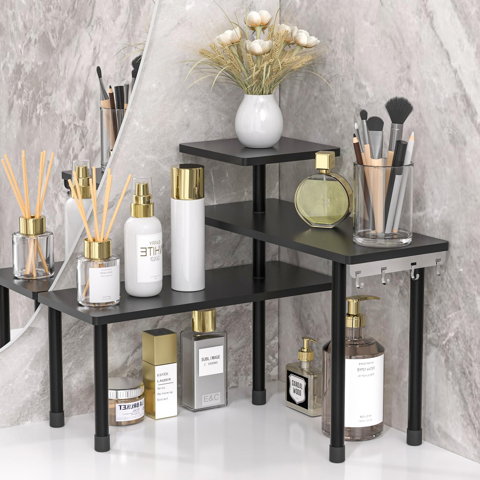 JayRex Countertop Corner Shelf, 3 Tier Shelf Moveable Organizer for Bathroom Counter, Make Up, Dresser Table, Desktop Shelf (Black)