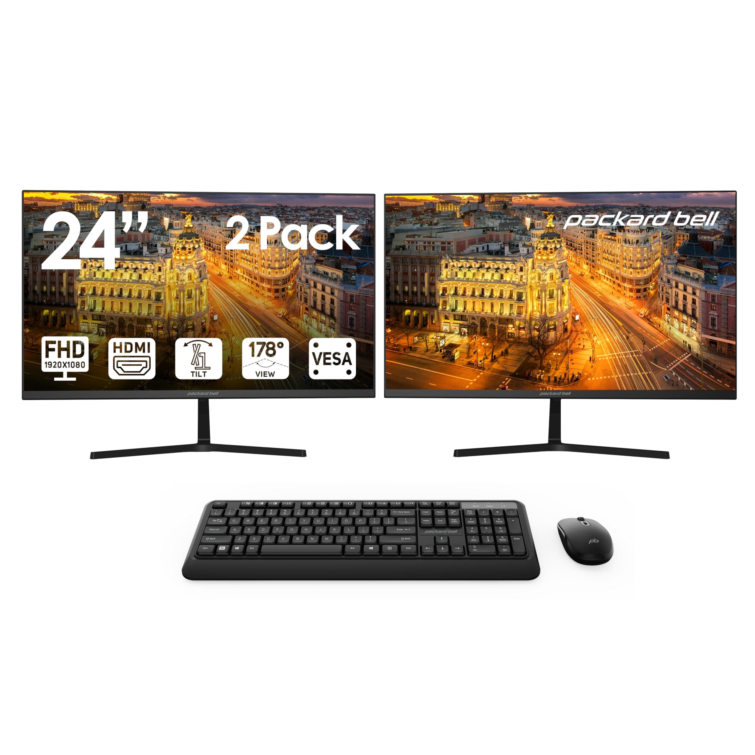 - Packard Bell airFrame 24" FHD Monitors + Wireless Keyboard & Mouse, VESA Mount Compatible, HDMI/VGA, Tilt, Slim Bezel, for Home, Office, Light Gaming – 2 Pack