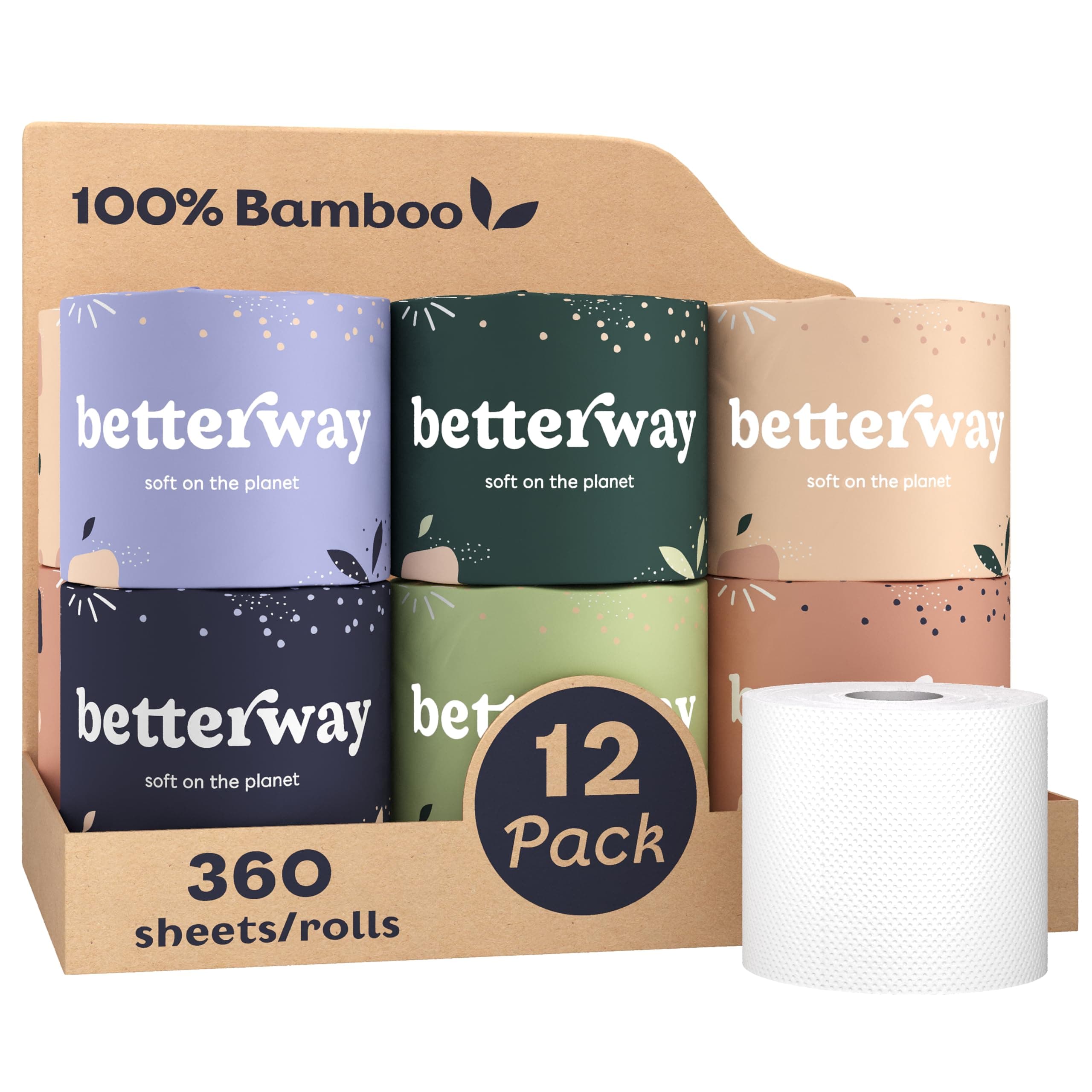 Bamboo Toilet Paper 3 PLY - Eco Friendly, Sustainable Toilet Tissue - 12 Double Rolls & 360 Sheets Per Roll - Septic Safe - Organic, Plastic Free, Compostable & Biodegradable - FSC Certified
