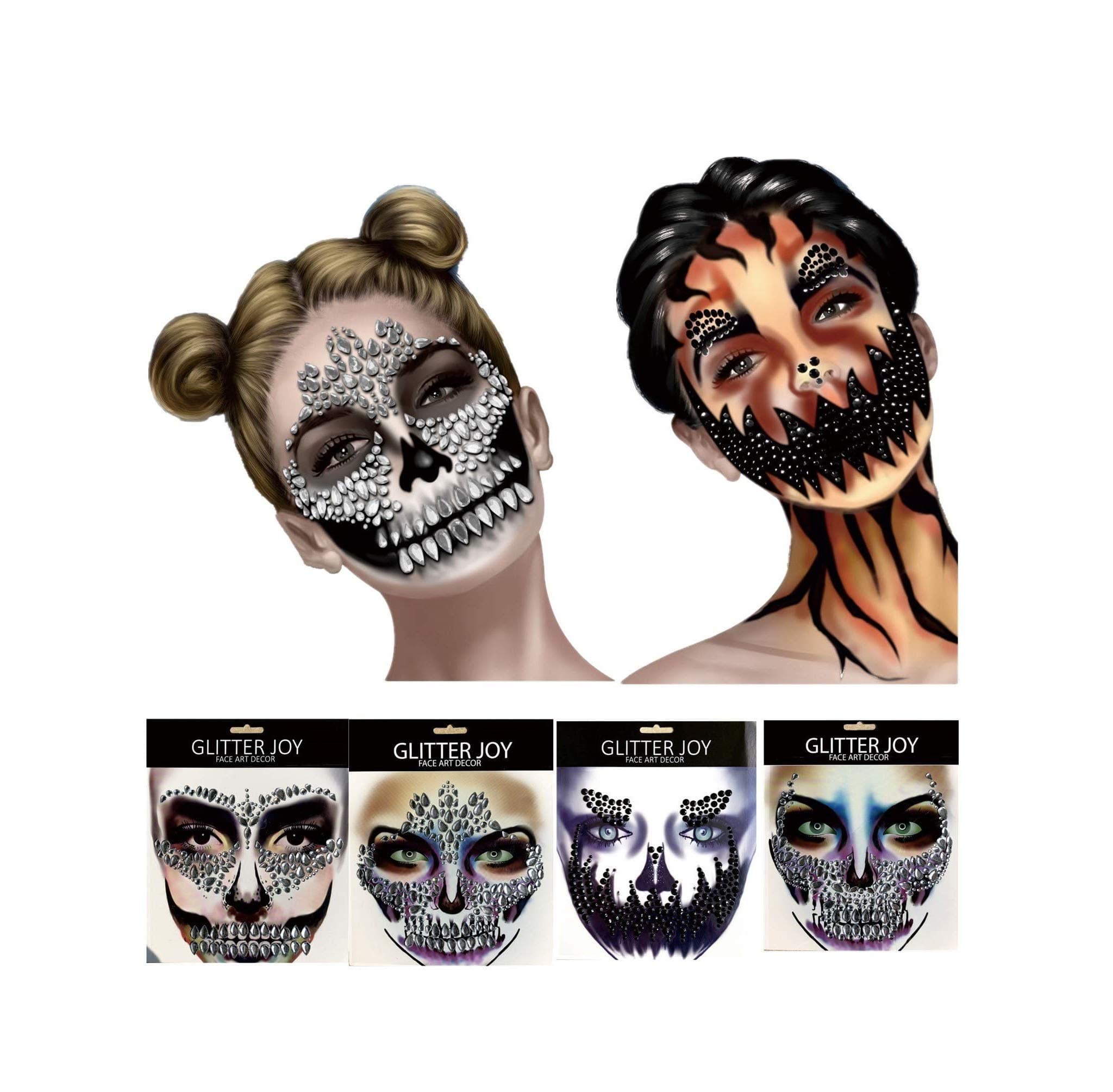 4 Pack Full Face Gems Jewels Temporary Face Tattoos Rhinestone Face Jewels Tattoo Stickers Crystals Body Gems Stick on Face for Halloween Festival Rave Party Outfit