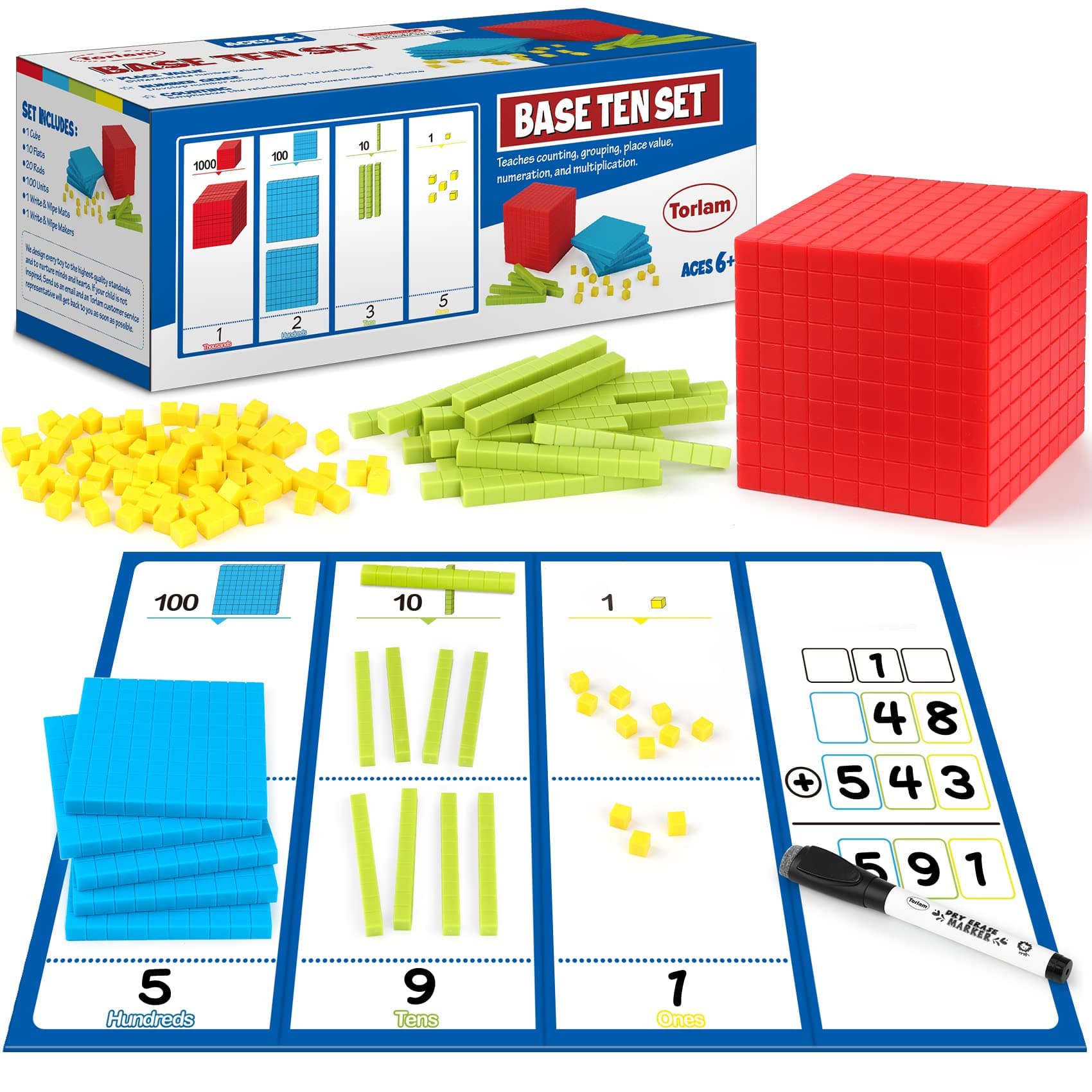 Torlam 131 PCS Base Ten Blocks - Place Value Blocks, Plastic Base 10 Math Manipulatives for 1st Grade, Addition and Subtraction Games Math Counters and Cubes for Kids