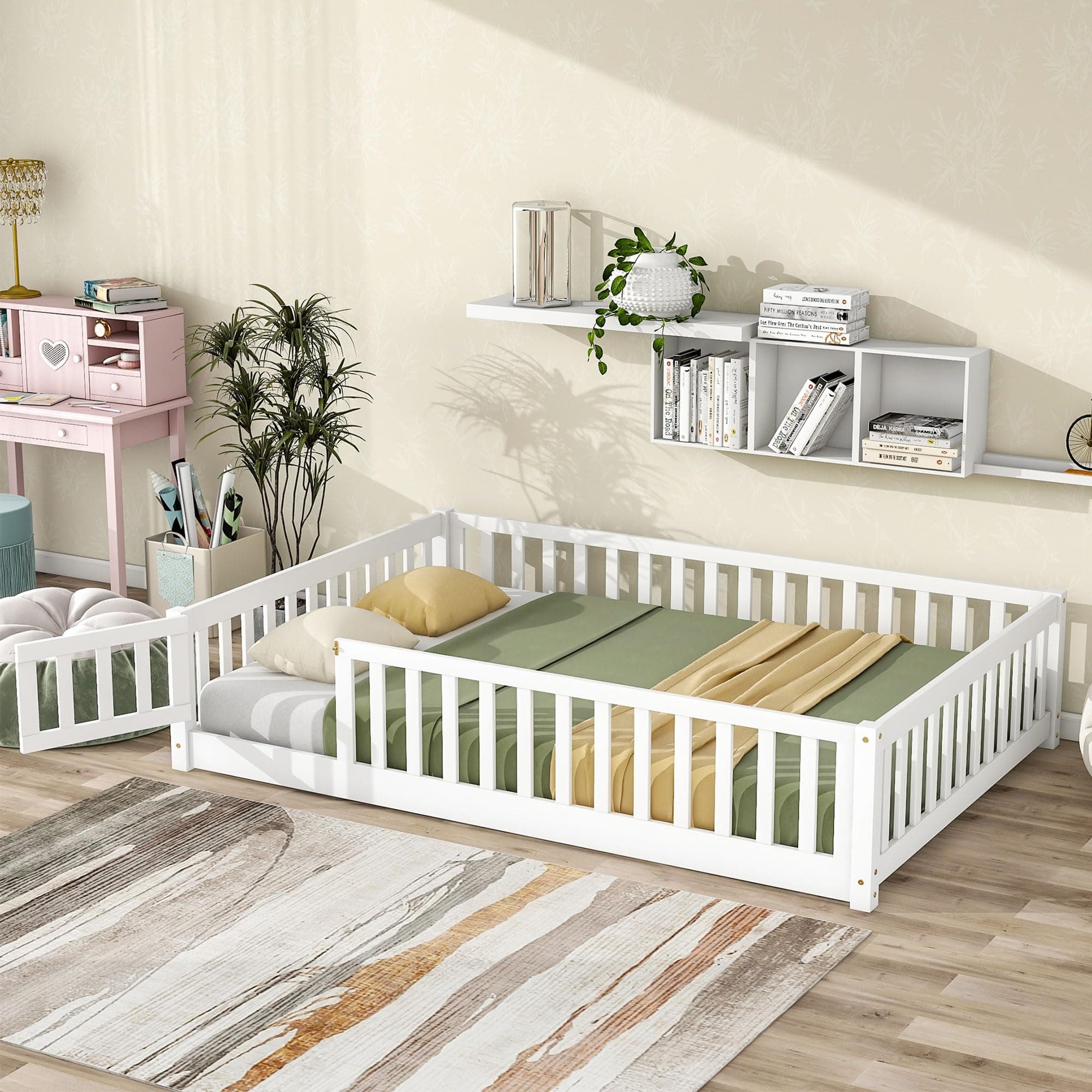 LostCat Full Size Floor Bed Frame with Safety Fence and Door, Wood Montessori Floor Bed with Slat Support, Montessori Bed Frame for Girls Boys,No Box Spring Needed, White