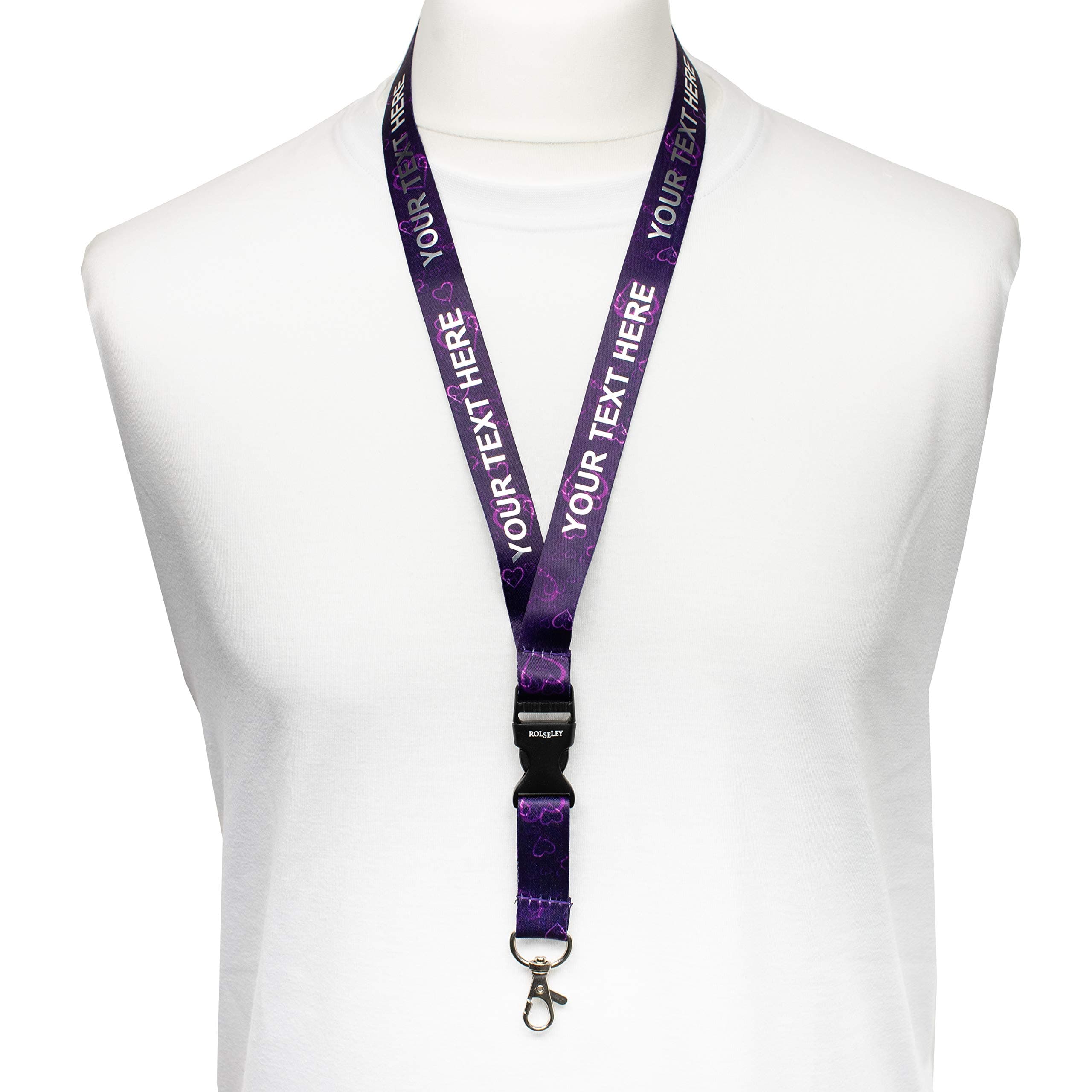 ROLSELEYPersonalised Violet/Purple Lanyard Neck Strap Hearts Pattern with Printed Silver Metalic Text, Metal Clip, Plastic Safety Breakaway