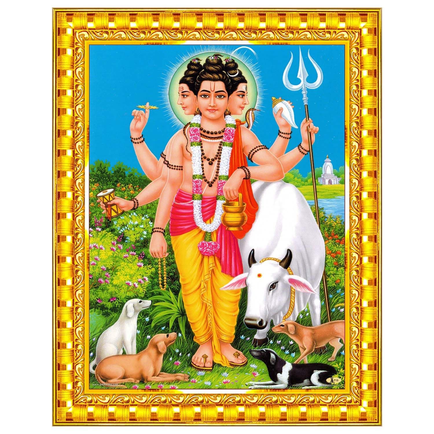 Lord Sri Guru Dattatreya Bhagwan Dattaguru Datta Maharaj Gurudatta Dattathreya Dathatreya Murti God Photo Frame, Small Size for Pooja Room 16x21cm, R841S