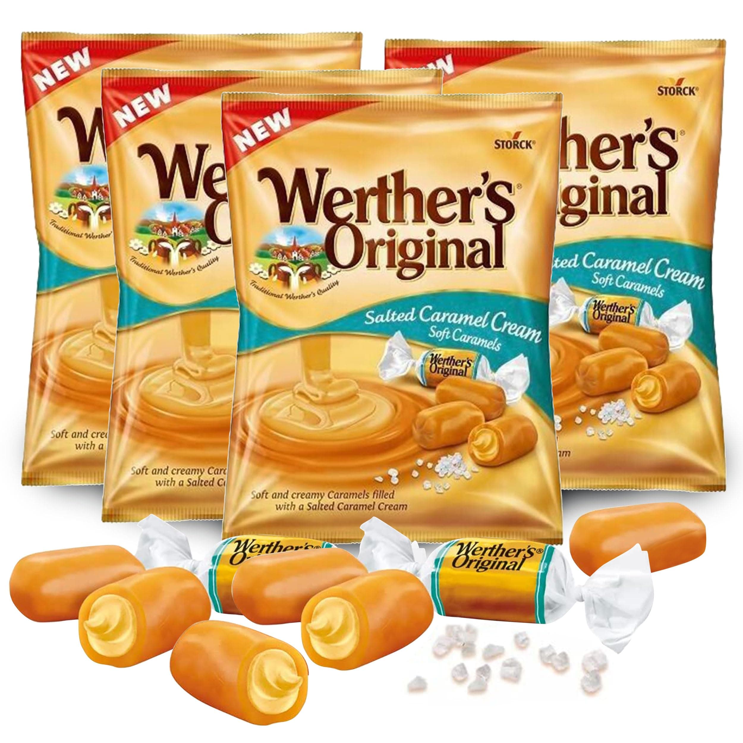 Werthers Original Salted Caramel Candy, Pack of 4 - Individually Wrapped Werther Soft Caramel, Werthers Caramel Filled Candy, Soft Chews Candy, Soft Candy, Caramel Creams, Salt Caramel - Comes in Munch Mania Packaging