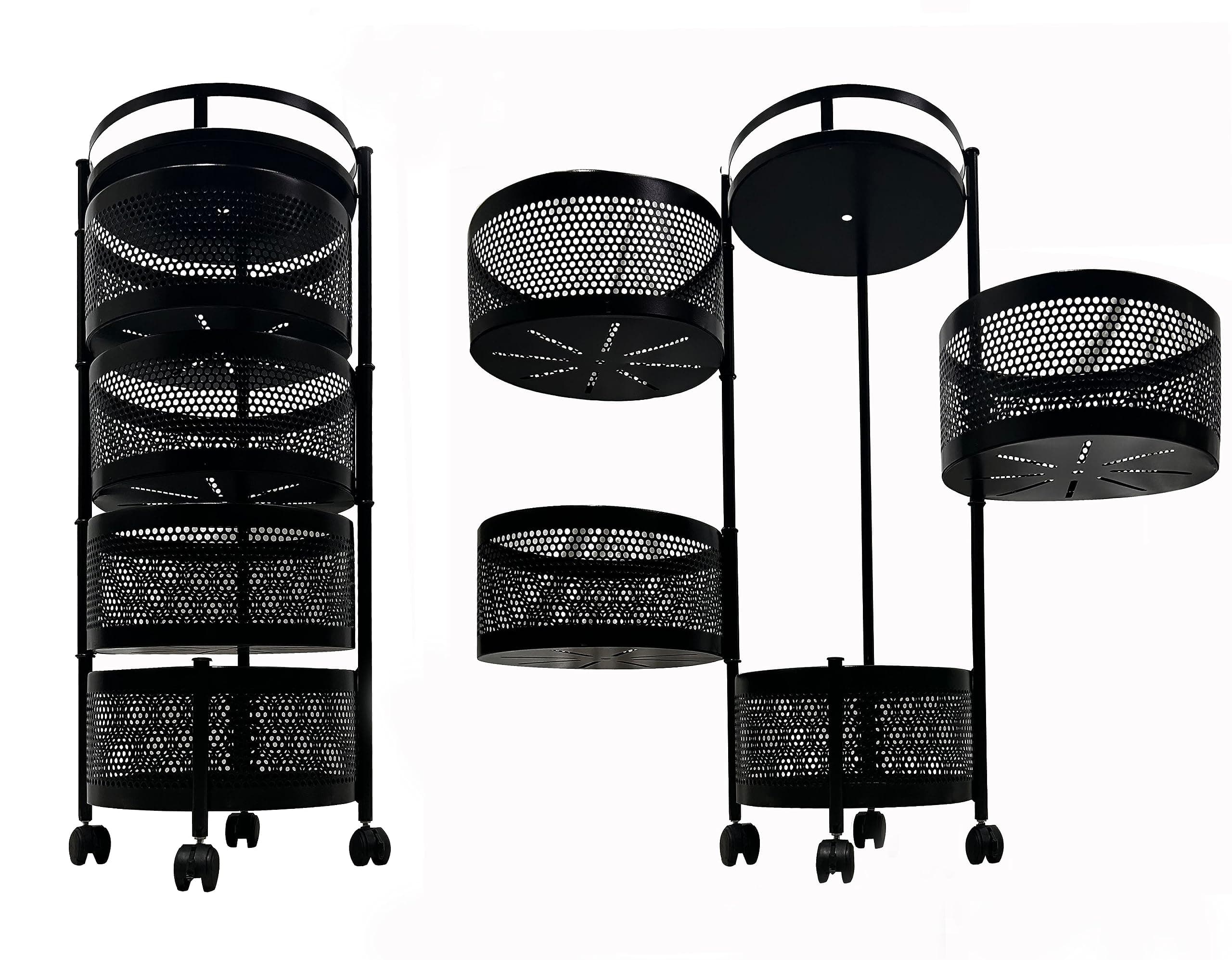 ROBMOB 4 Layer Vegetable Stand Kitchen Trolley with Wheels, Rotating Vegetable Basket, Black