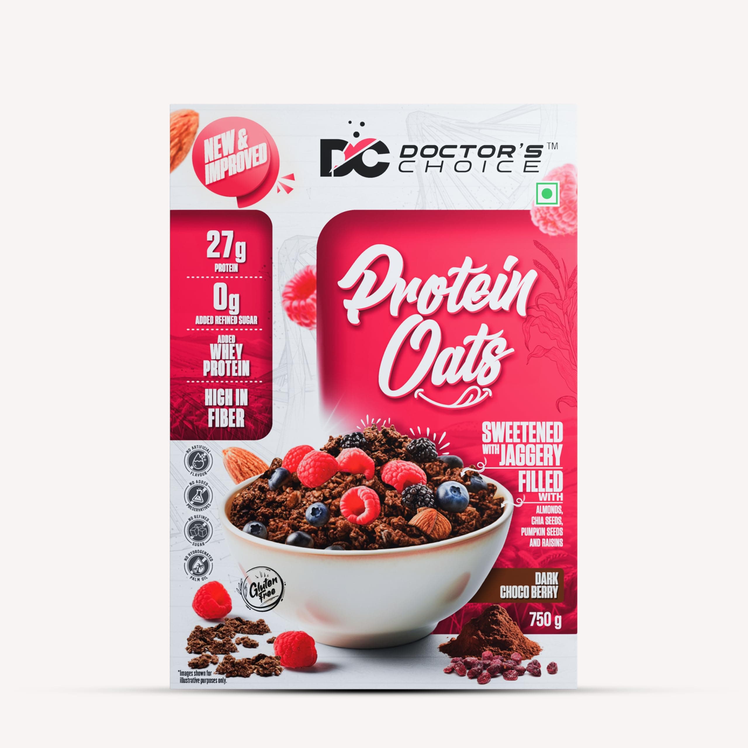 DC DOCTORS CHOICE Oats, High Protein Oats, 27G Pure Protein Breakfast Cereals, Rich in Fiber, No Additives and No Refine Sugar. (750g, Dark Choco Berry)