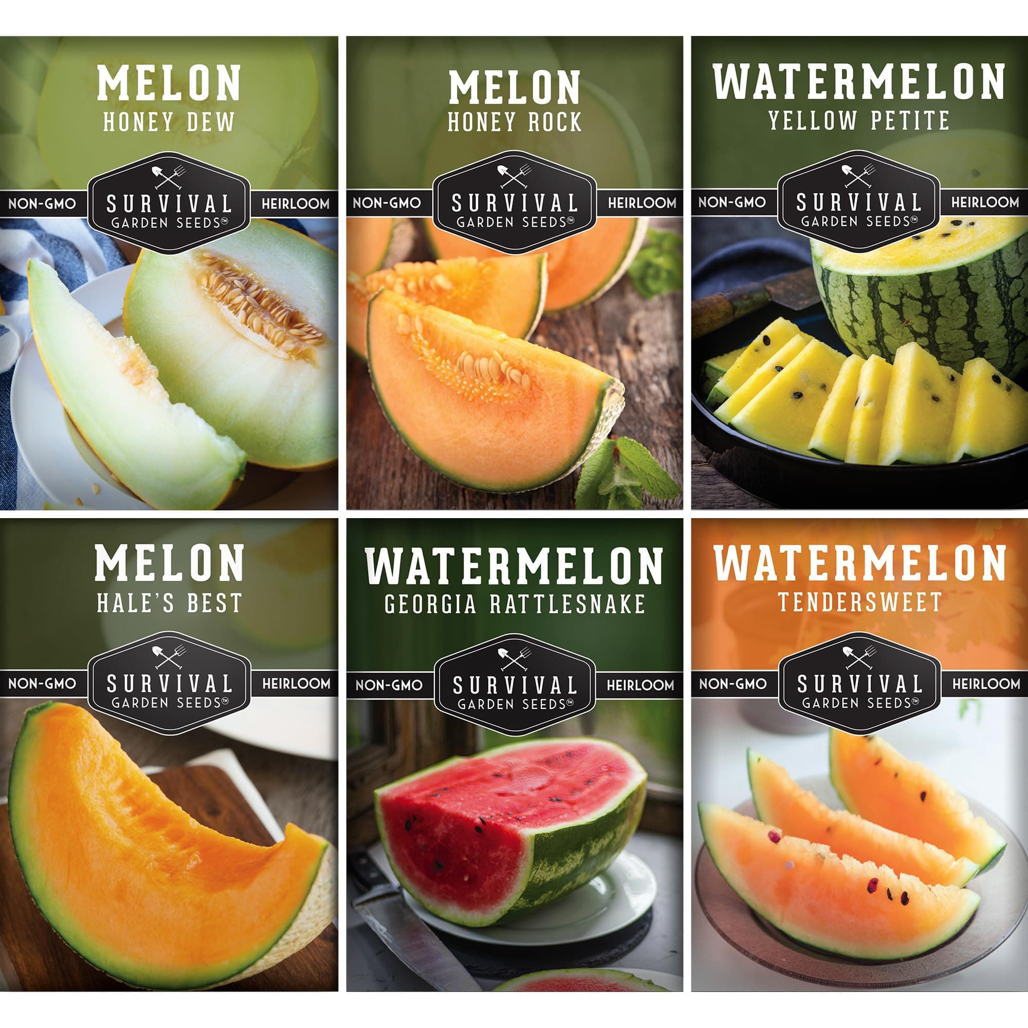Melon Seeds for Planting Variety Pack – 6 Heirloom Cantaloupe, Honeydew & Watermelon Types – Honey Rock, Hale’s Best, Tendersweet, Georgia Rattlesnake – Survival Garden Seeds
