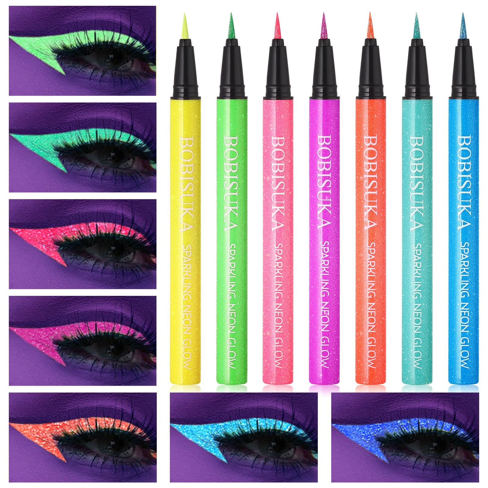 UV Shimmer Glow Liquid Eyeliner Set, 7 Colors Glitter Neon Colored Eyeliners Pen, Colorful Waterproof Pigmented Graphic Liners, Metallic Eye Makeup Kit for Rave Accessories Party