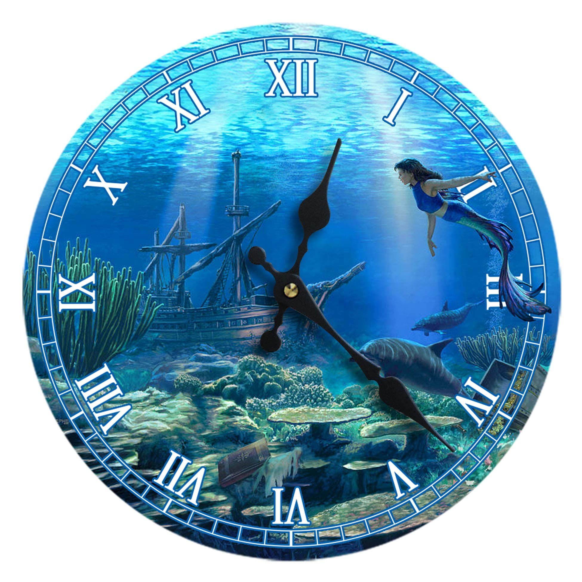 Glass Wall Clock 13" - Coastal, Nautical, and Beach Themed | Decorative Timepiece | Home Decor for Living Room, Bedroom, or Beach House | Mermaid