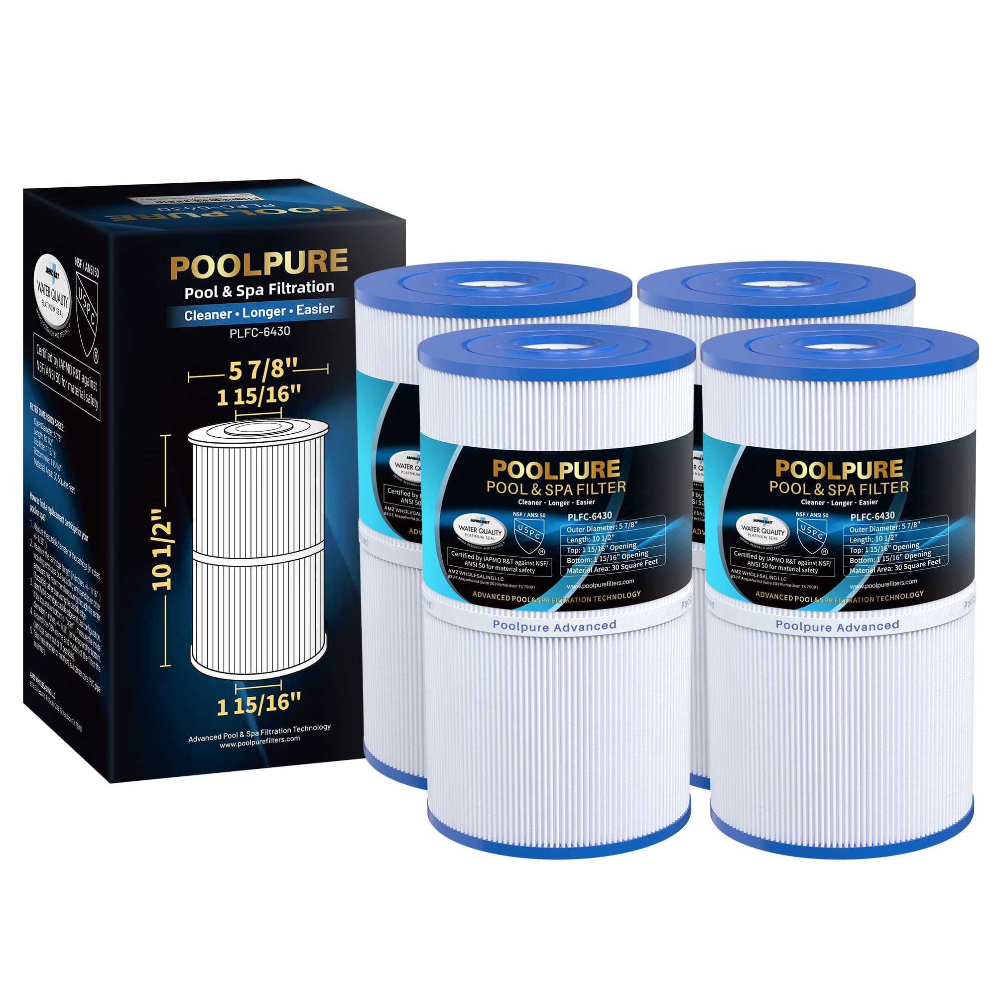 POOLPURE C-6430 Spa Filter Replaces Watkins 31489, Pleatco PWK30, Filbur FC-3915, P/N0969601, 71825, 73178, 73250, 30 sq. ft. Hot Spring Spa Filter 4 PACK