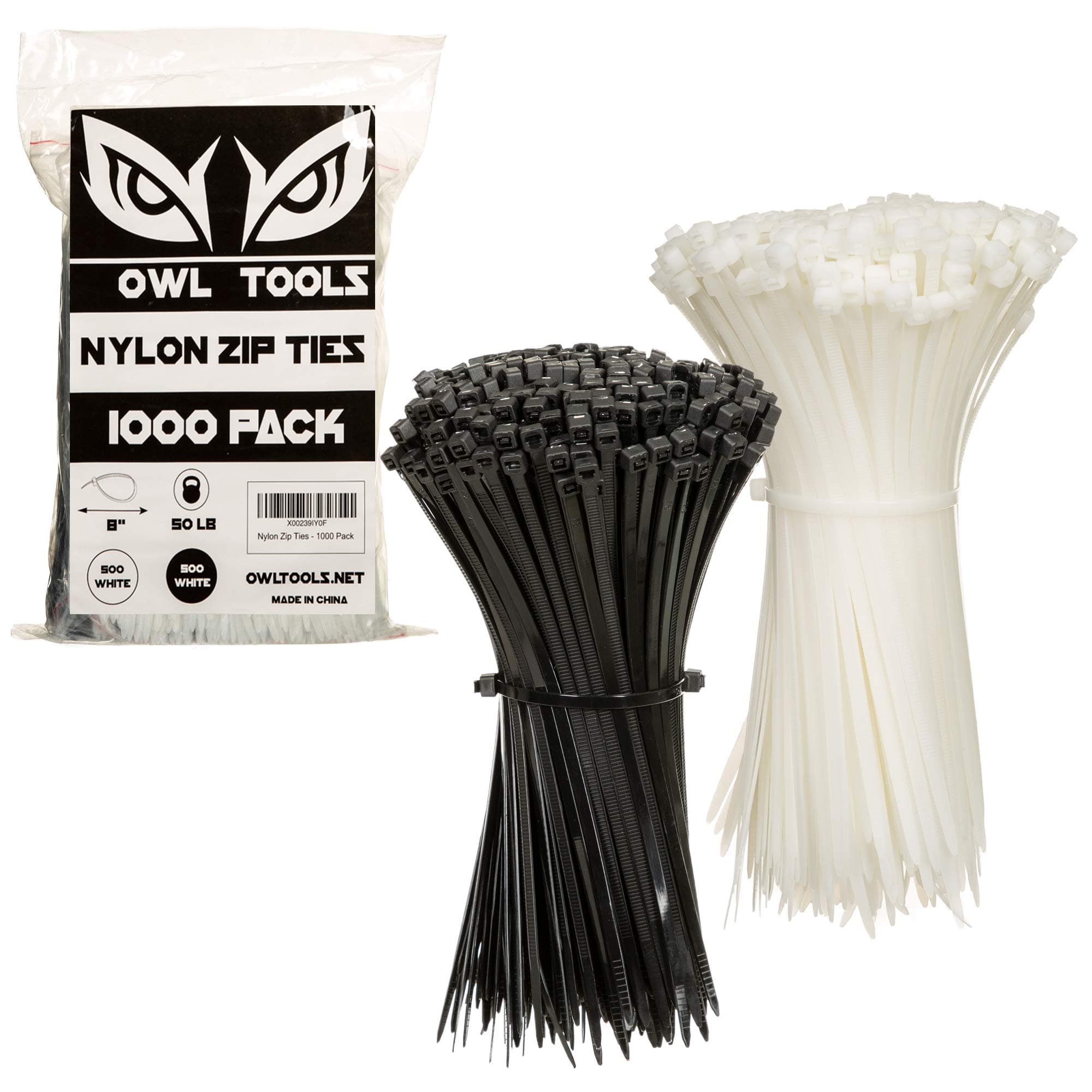 Owl Tools8 inch Zip Ties Bulk Pack of 1000-50lb Strength - 8inches Cable Ties in Black and White