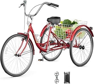 Outroad Adult Tricycle, 24/26 inch 1 Speed Cruiser Trike, 3 Wheel Bikes with Large Basket for Seniors, Women, Men, Adult Trikes for Shopping Picnic Outdoor Sports, Tricycle 24 inch Red