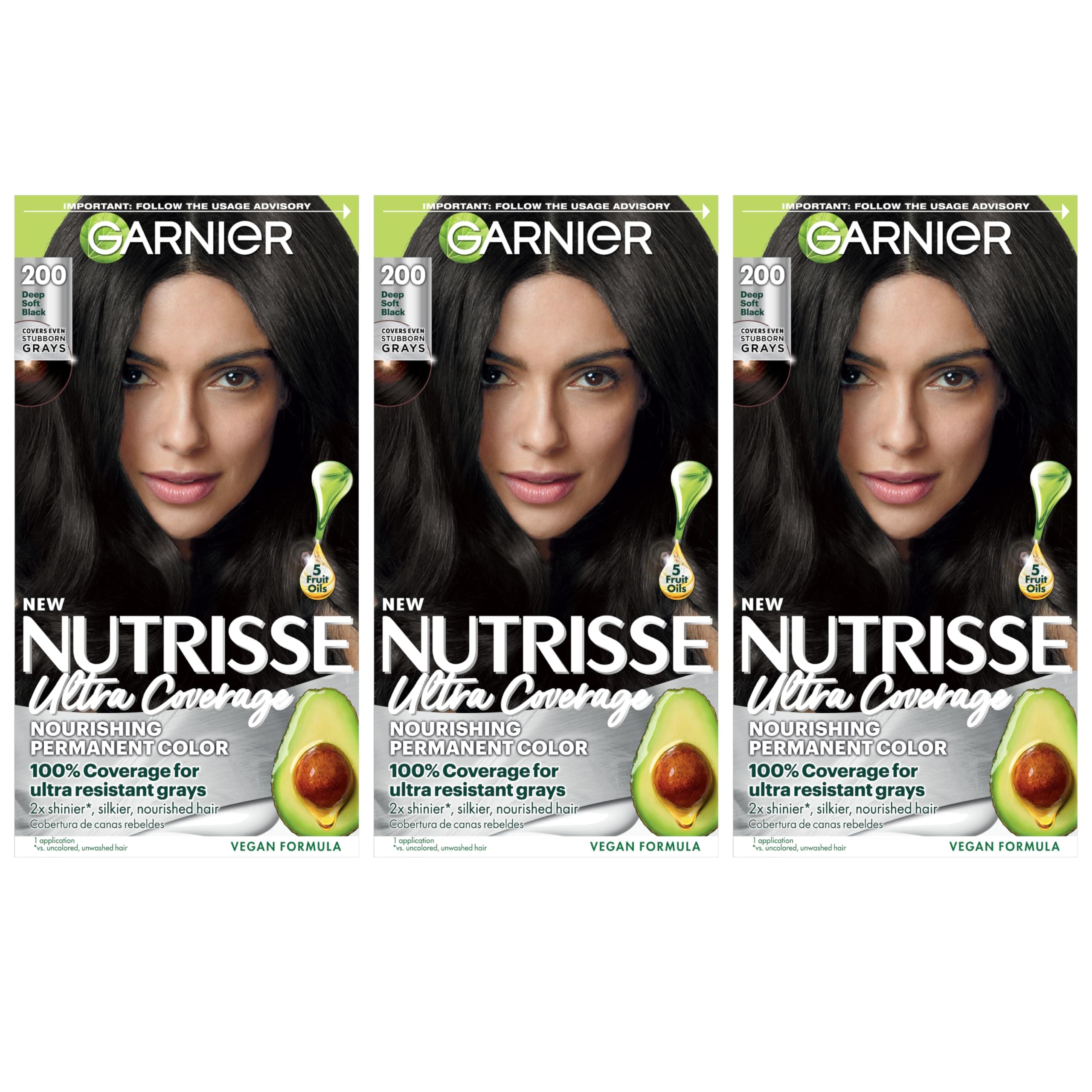 Hair Color Nutrisse Ultra Coverage Nourishing Creme, 200 Deep Soft Black (Black Sesame) Permanent Hair Dye, 3 Count (Packaging May Vary)