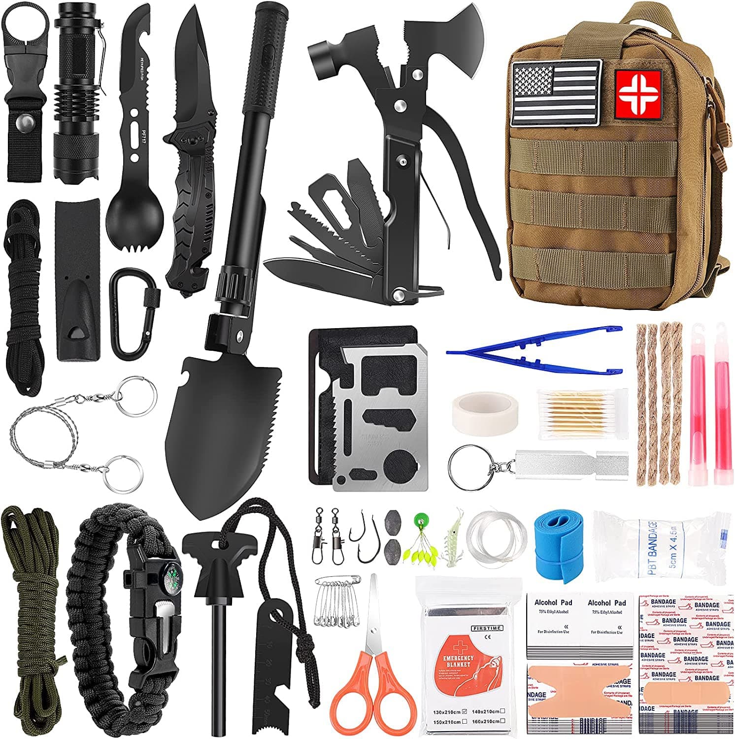 Emergency Survival Kit and First Aid Kit, 142Pcs Professional Survival Gear and Supplies Equipment with Molle Pouch, Gift for Christmas Men Dad Husband Camping Hiking Hunting Outdoor Adventure