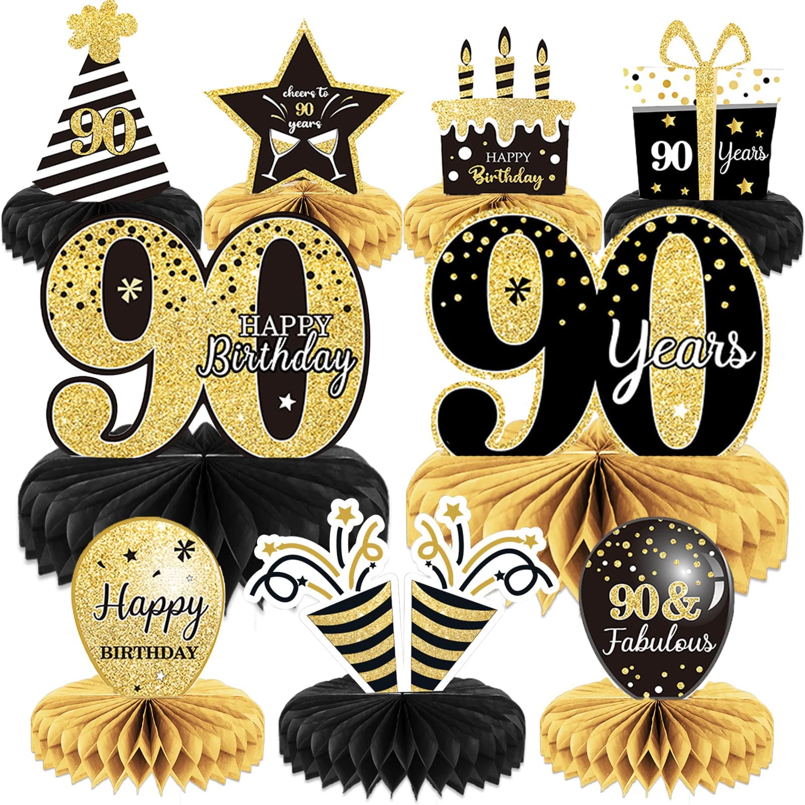 9 Pieces 90th Birthday Decoration 90 th Birthday Centerpieces for Tables Decorations Cheers to 90 Years Honeycomb Table Topper for Men and Women Nighty Years Party Decoration Supplies (90th)