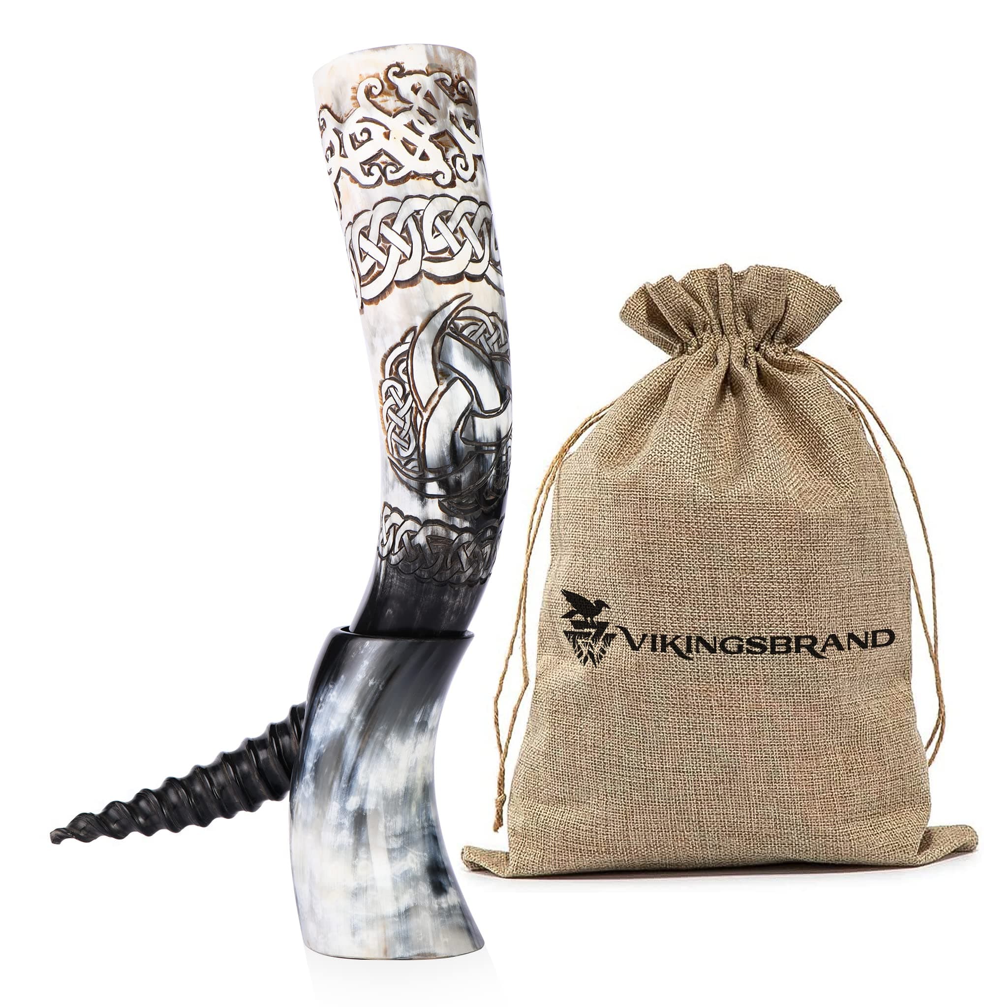 Authentic Handmade Viking Drinking Horn - Medieval Norse Ale Drinking Mug For Vikings with Stand - Hand Engraved Viking's Drink Cup - Food Safe Beer Horns (Triple Horn of Odin)