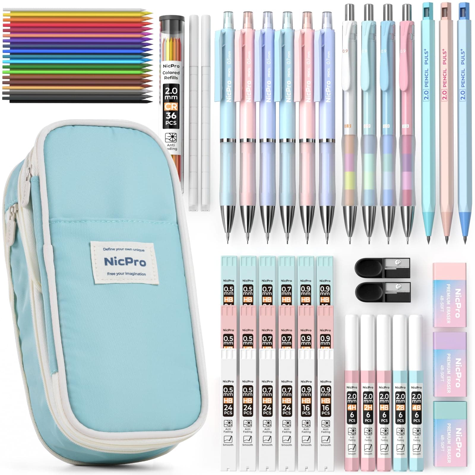 Nicpro 45PCS Aesthetic School Supplies with Big Capacity Pen Case, Pastel Mechanical Pencils 0.5, 0.7, 0.9, 2mm with 24 Tube Lead Refills(4B 2B HB 2H 4H COLORS) Erasers For Student Writing Drawing