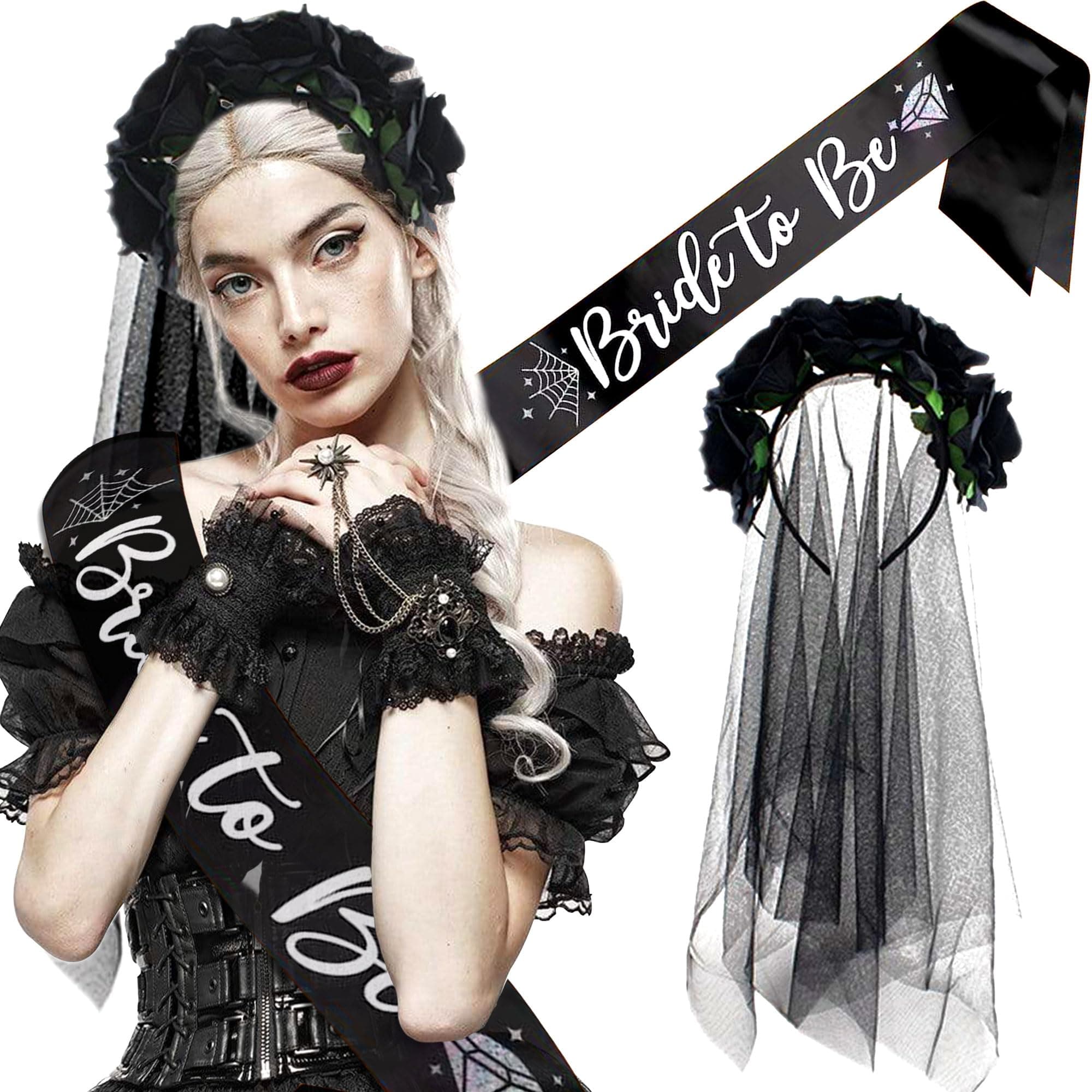 JeVenis Goth Bride to Be Sash Gothic Rose Flower Headband Goth Bachelorette Decoration Bride or Die Bachelorette Party Supplies Gothic Bridal Shower Decoration