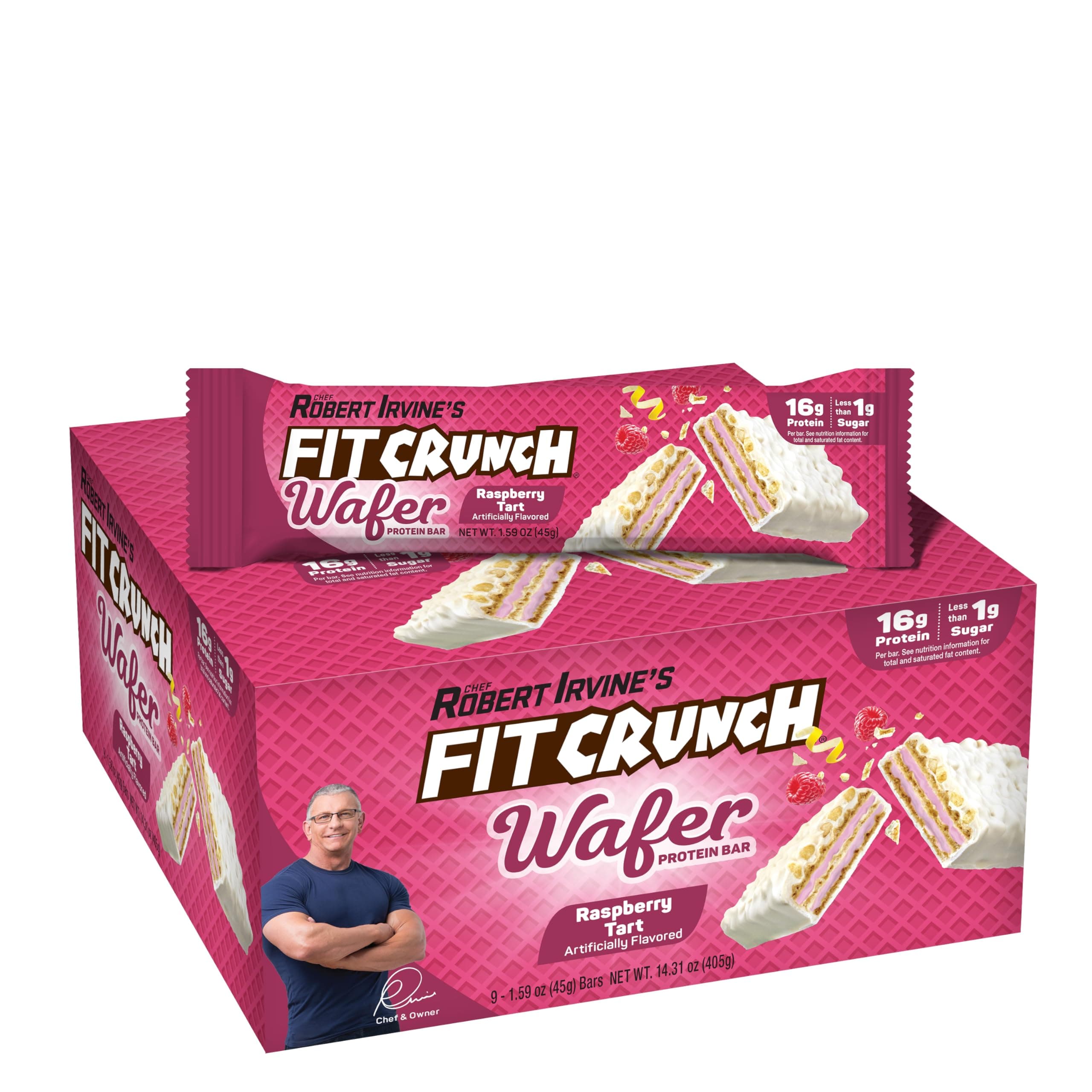 FITCRUNCH Wafer Protein Bars, Designed by Robert Irvine, 16g of Protein & 1g of Sugar (9 Bars, Raspberry Tart)