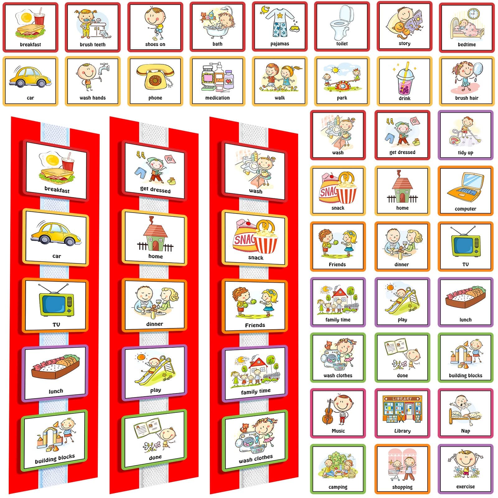 Geyee 60 Pcs Visual Schedule Cards Daily Routine Chart Visual Planner Cards Bulk for Autism Learning Materials Asperger's ADHD Home Education Behavioral Tool(Red)