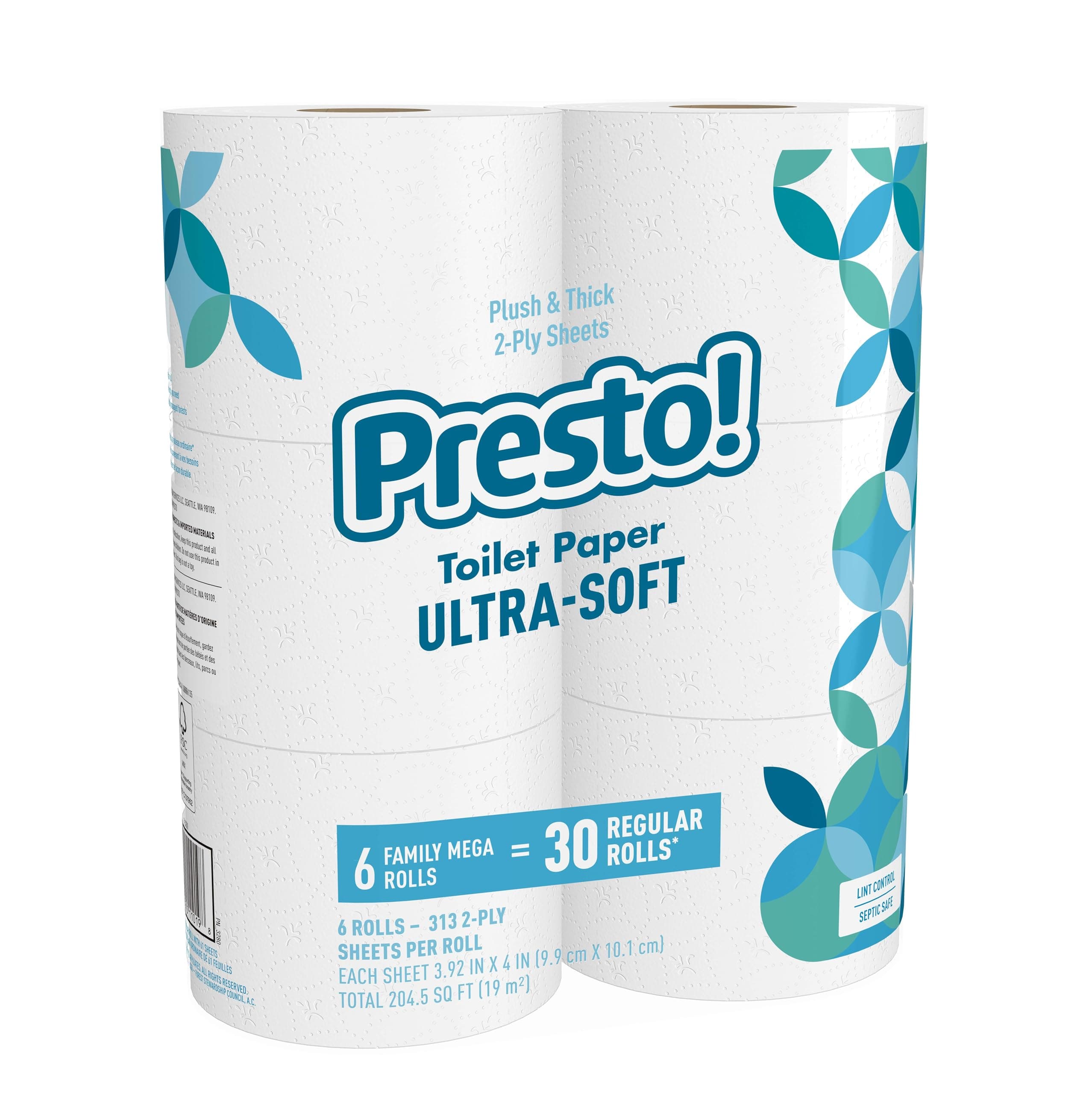 Amazon Brand - Presto! 2-Ply Ultra-Soft Toilet Paper, 6 Family Mega Rolls = 30 regular rolls, 1878 Count (6 roll of 313 sheets), Unscented, White
