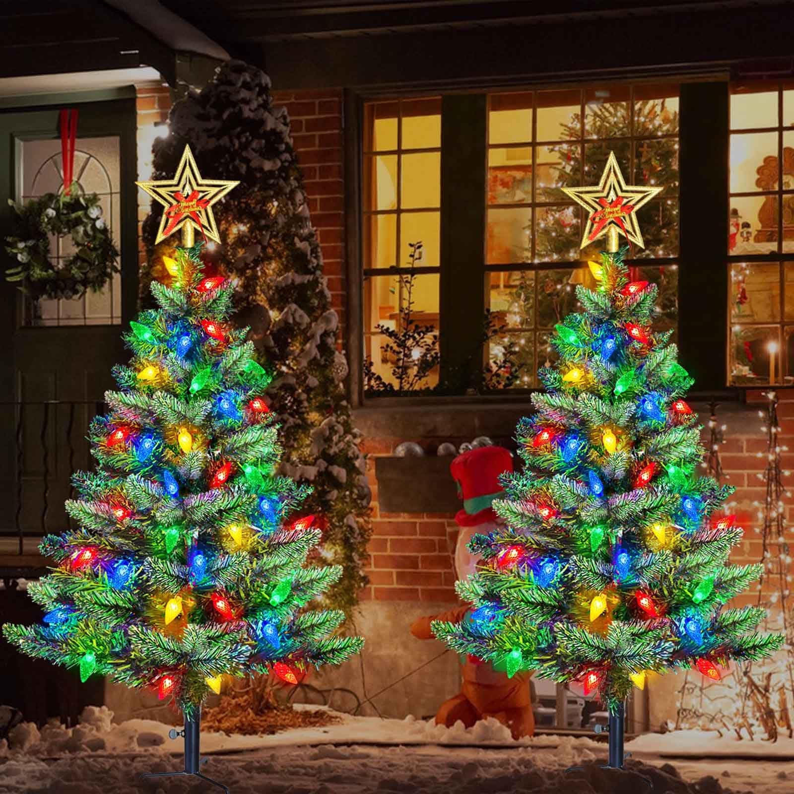 Upgraded Set of 2 Solar Christmas Tree, Outdoor Christmas Decorations,Prelit Xmas Tree w/ 100 LED Multi-color C6 String Lights for Outsdie Holiday Display Yard Front Porch Pathway Grave Cemetery Decor