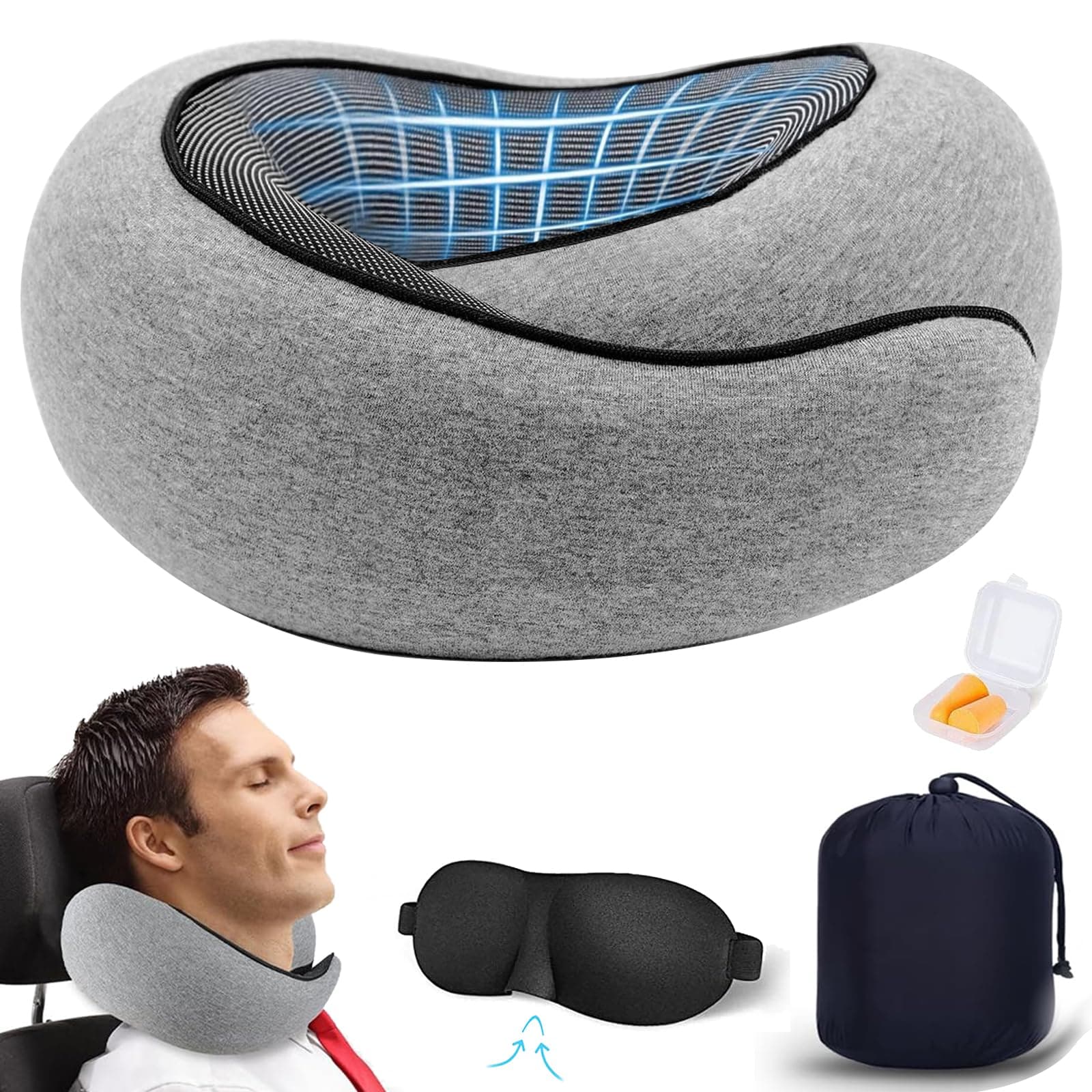 Yoawllty Travel Pillow, Wander Plus Travel Neck Pillow with Eye Masks, Earplugs, Memory Foam Travel Pillow, Neck Pillow for Airplanes, Car, Travel Essentials (Grey)