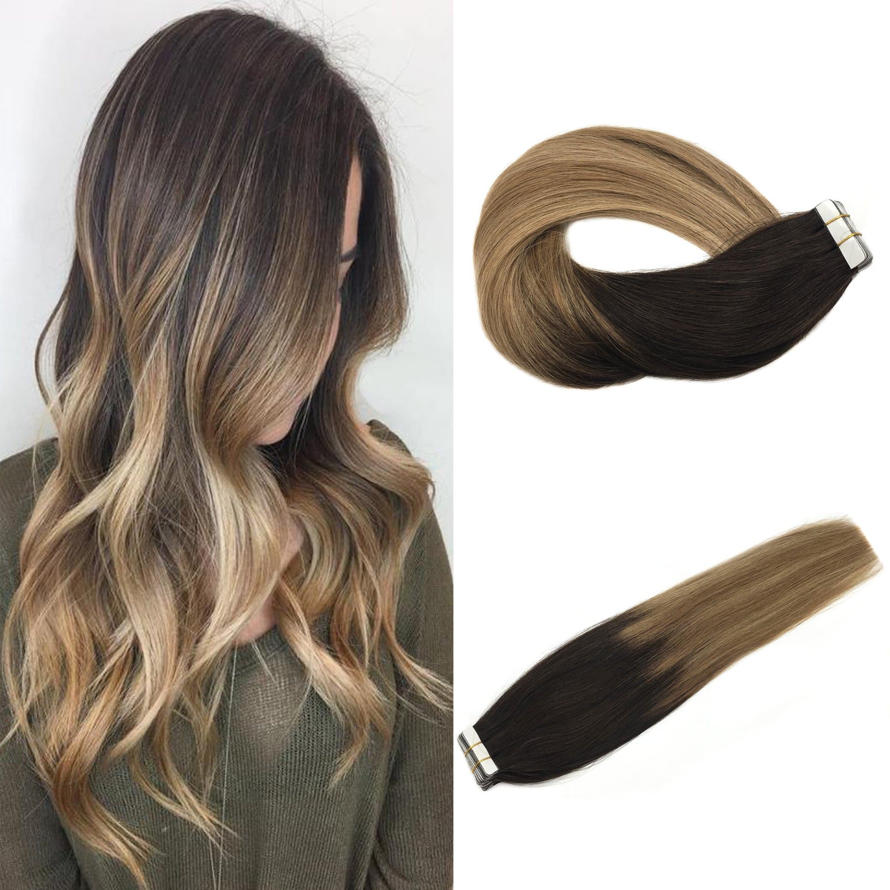 Doores Tape in Human Hair Extensions Remy Dark Brown to Chestnut Brown and Ash Blonde Ombre Balayage Hair Extensions Glue in Hair Extensions 20pcs 50g 18inch