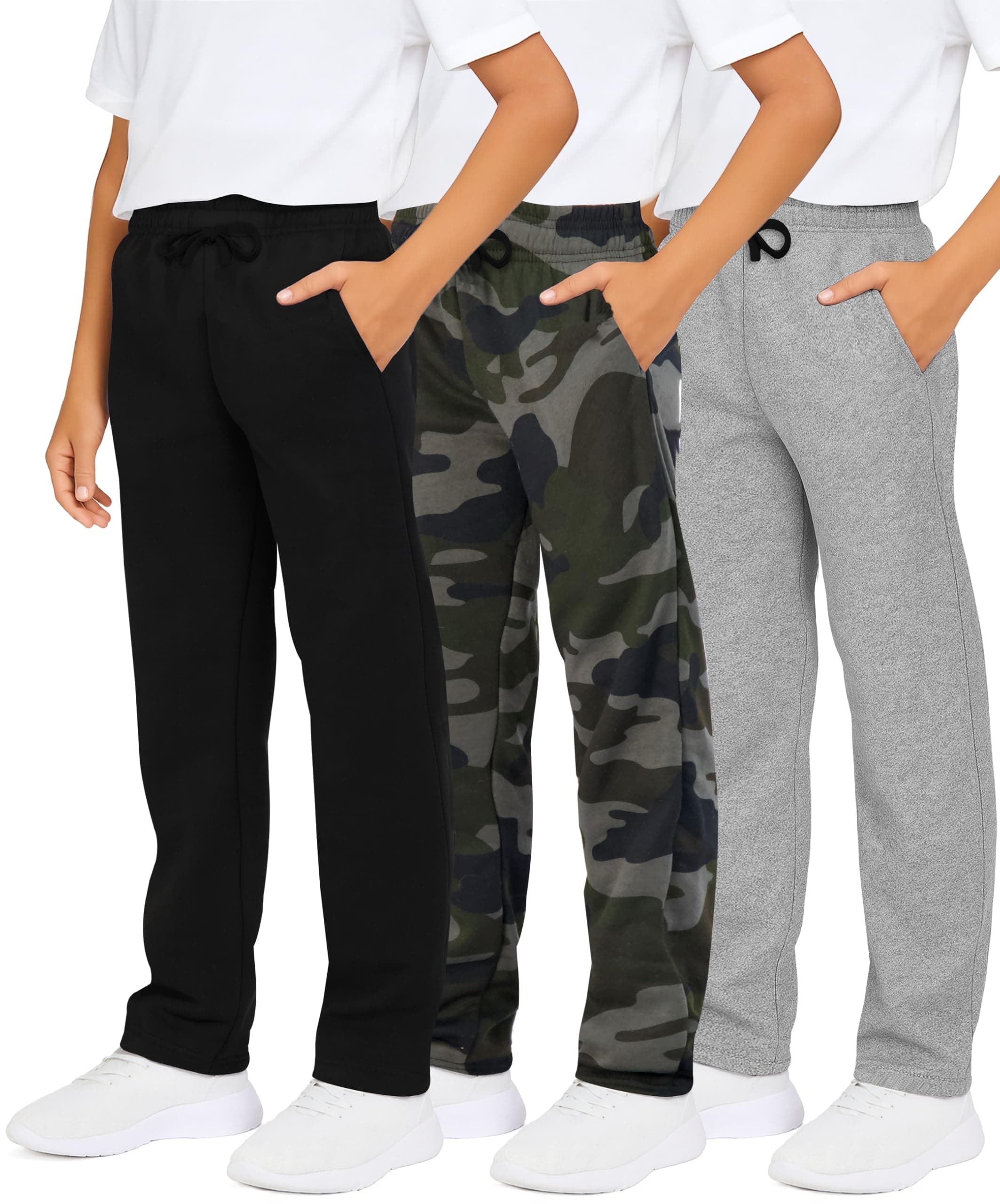 3 Pack: Boys' Cotton Fleece Sweatpants - Open Bottom Athletic Pants with Pockets for Teens & Kids (Size 4-18)