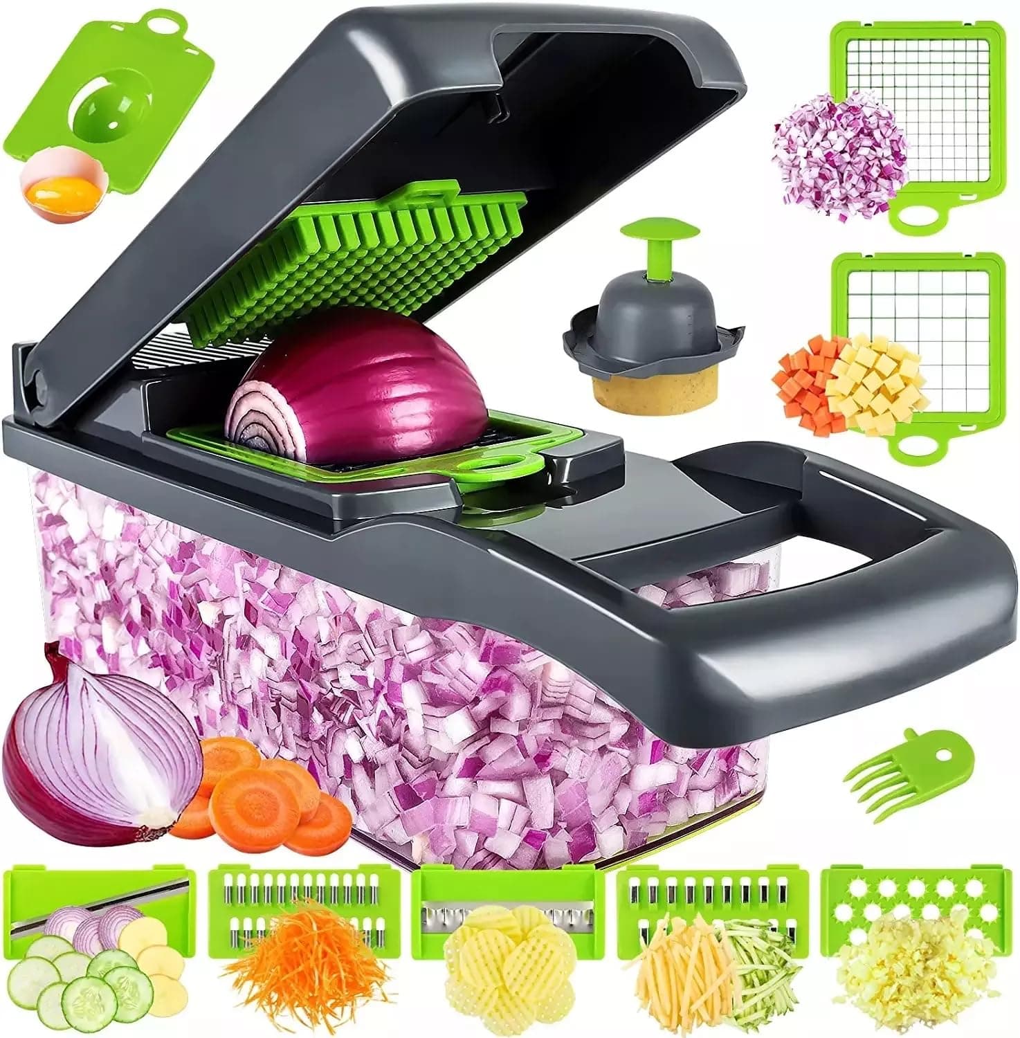 Vegetable Chopper, Pro Onion, Multifunctional 14 in 1 Food Chopper, Kitchen Vegetable Cutter Slicer Dicer,Veggie Chopper With 8 Blades, Potatoes, Carrot and Garlic Chopper With Container