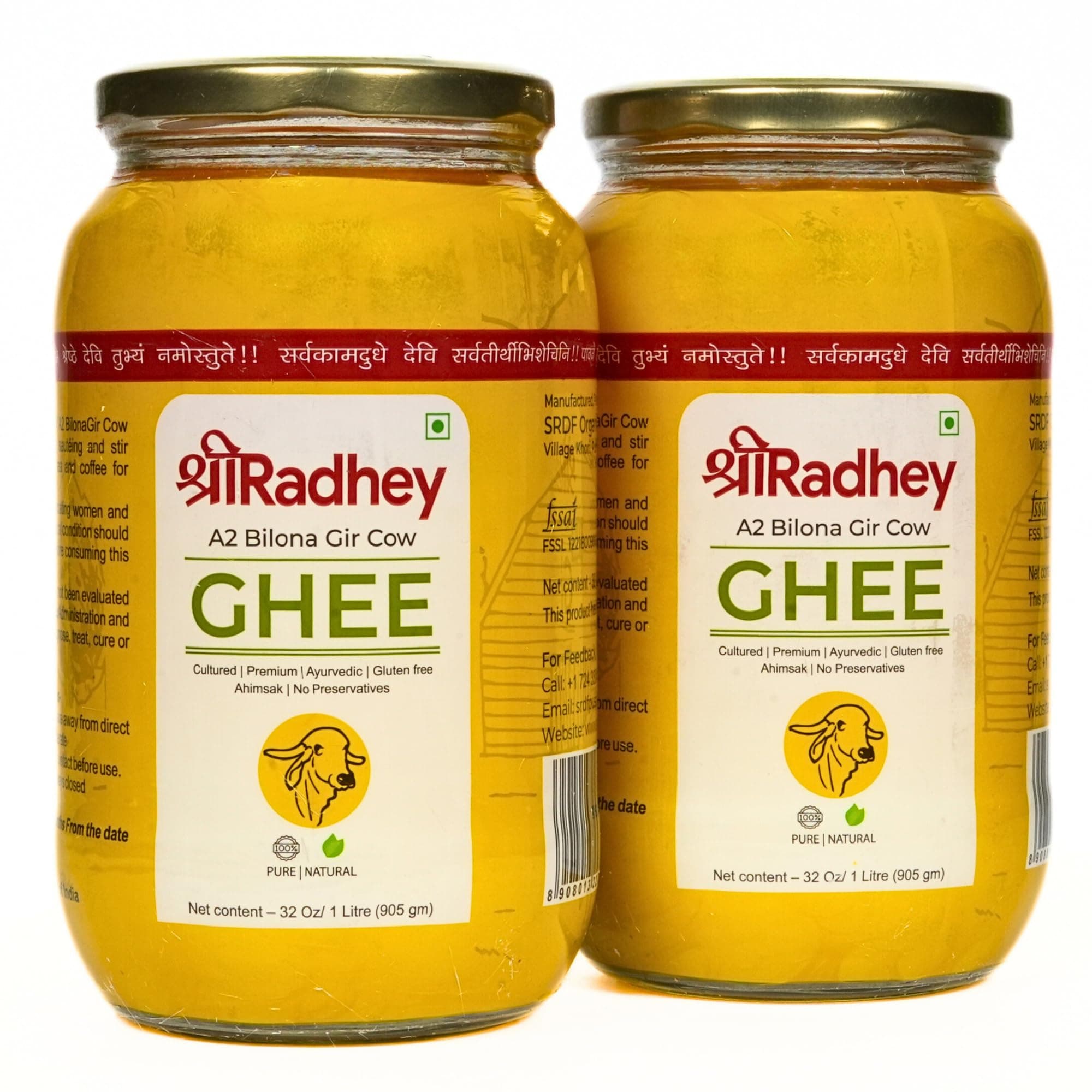 Shree Radhey Certified A2 Gir Cow Ghee - Gluten Free - (Traditionaly Hand Churned) (1 Litre X 2 Glass Bottle)