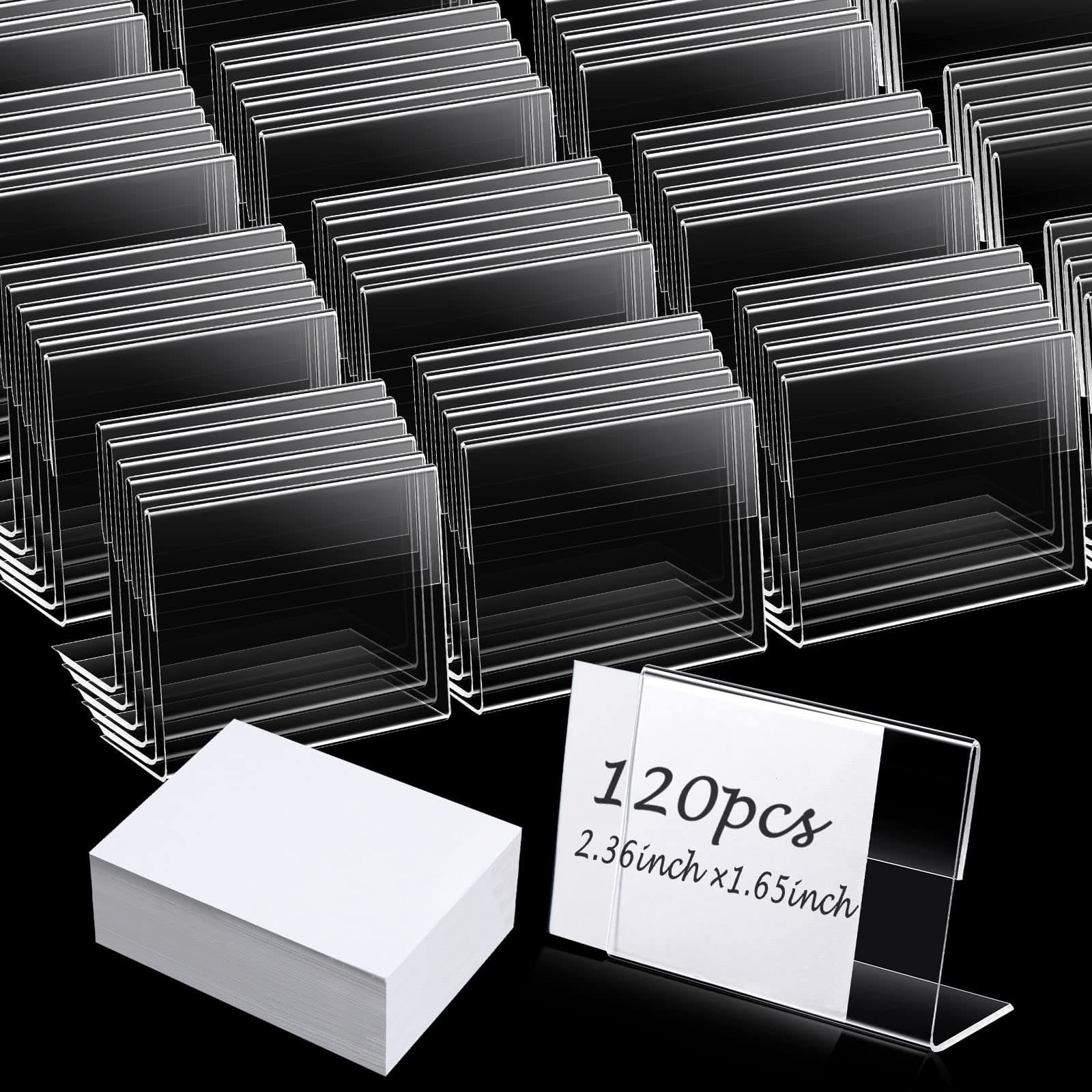 Vicenpal 120 Pcs Mini Clear Acrylic Sign Display Holder with 120 Pcs Blank Labels Horizontal Slanted L Shape Acrylic Name Card Price Card Tag Label for Retail Bakery Buffet(2.36 x 1.65 x 0.04 Inch)