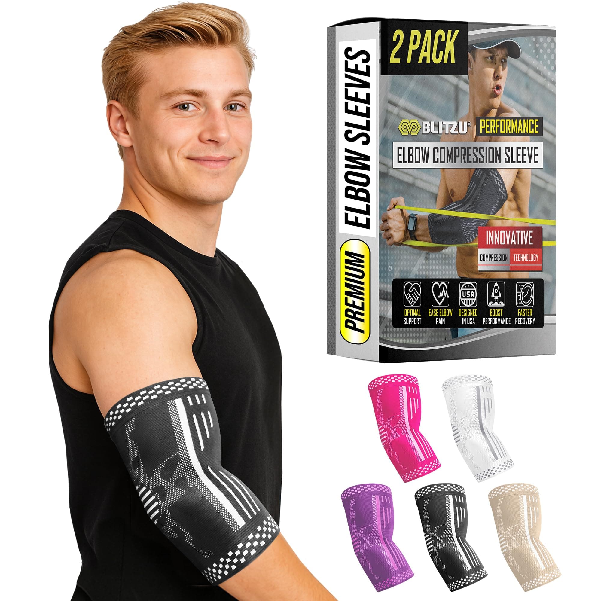 BLITZU Elbow Compression Sleeve for Tendonitis 2 Pack, Tennis Elbow Brace Support for Men and Women Golfers Elbow Pain Relief, Arthritis, Bursitis, Arm Brace for Workout, Weightlifting Black M
