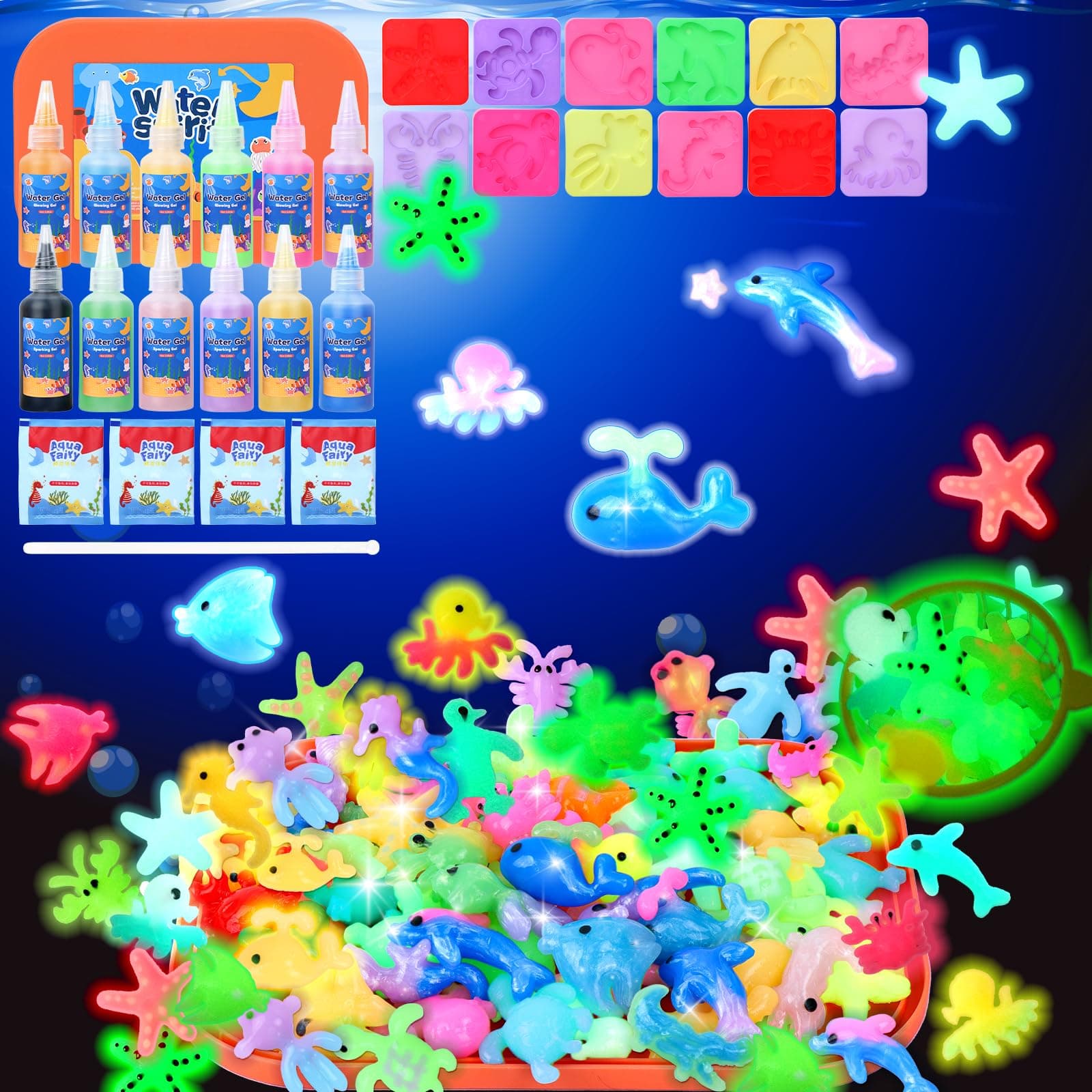 Glow in The Dark, Magic Water Elf Toy Kit, Aqua Fairy Water Gel Kit, 12 Gels 12 Ocean Molds, Squishy Maker Party Birthday Toys Gifts for 3-12 Years Boys Girls, Arts & Crafts DIY STEM Kits for Kids