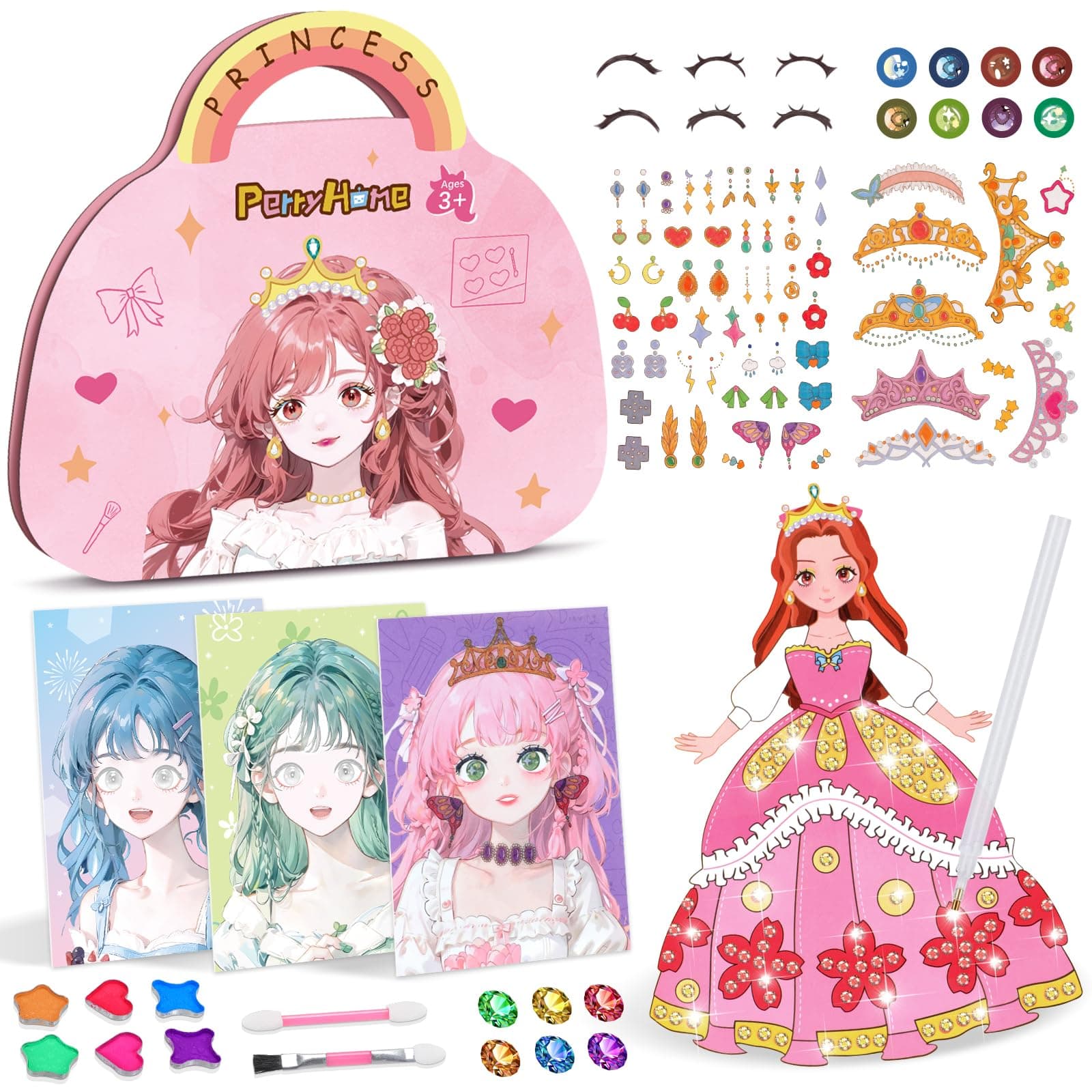 PERRYHOMEArt Craft Activity for Kids, Paper Craft Kits - Paper Makeup DIY Girls Toy Kit with Diamond Painting & Princess Dress Up Set, Ideal Birthday Gift-Pink