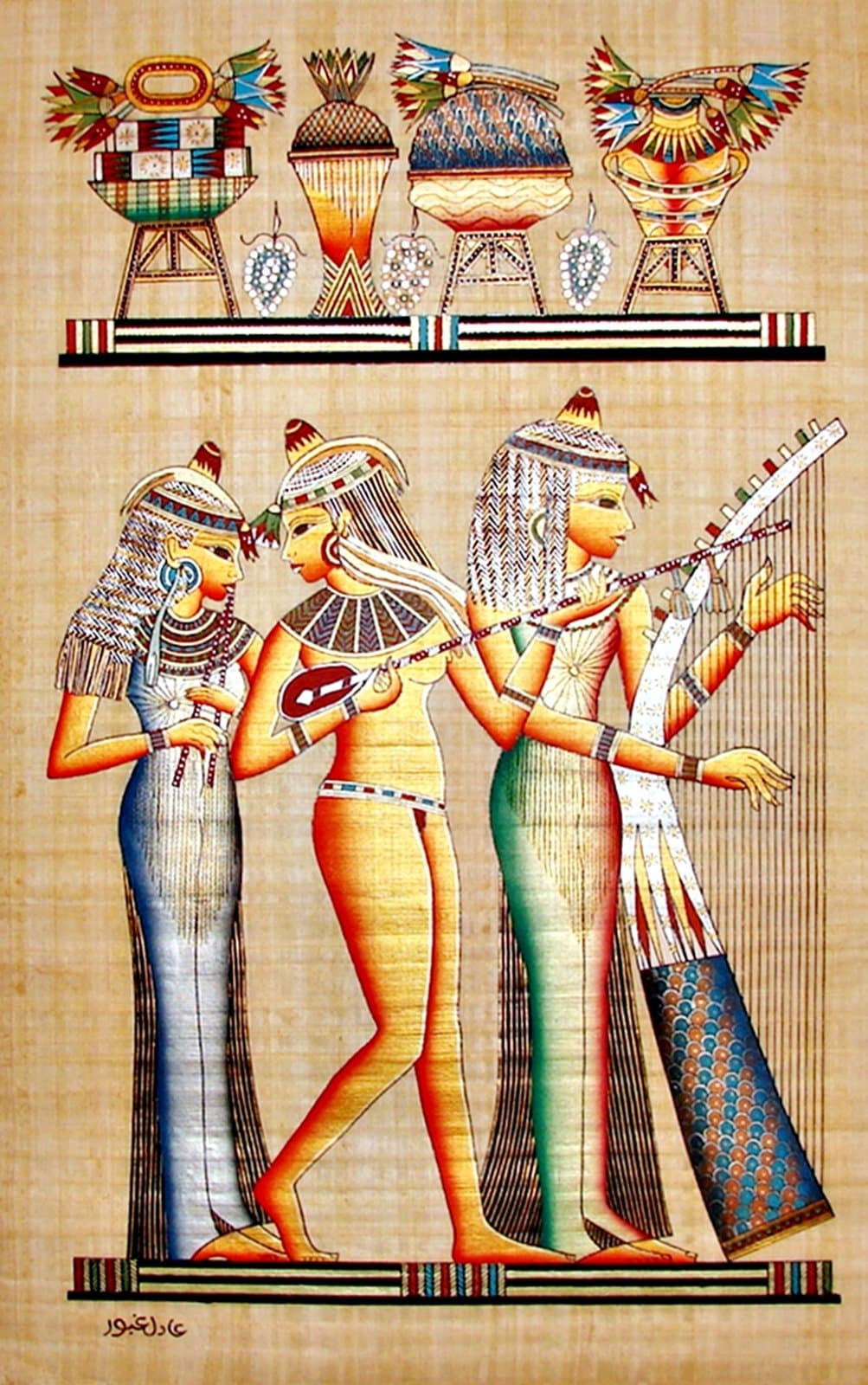 Egyptian Hand-Painted Papyrus Artwork (Imported): Three Musicians 25" x 36"